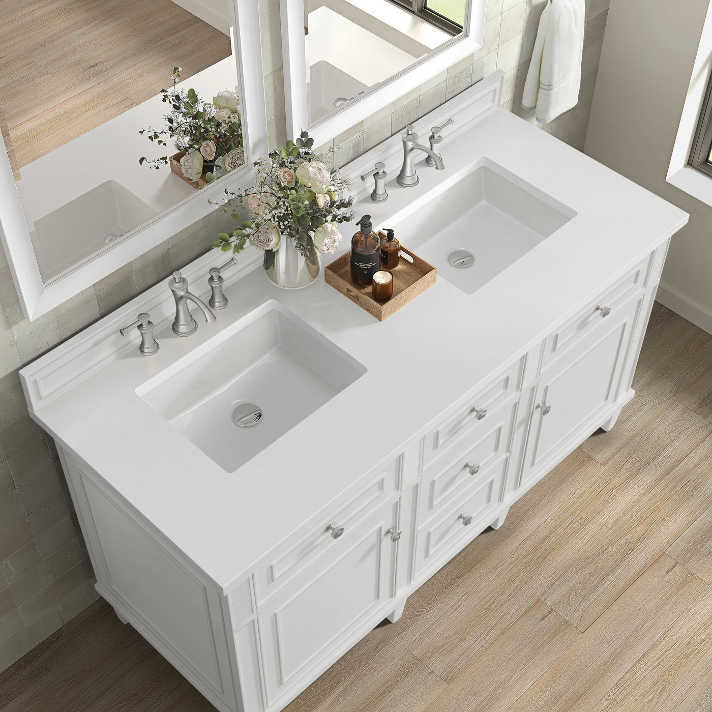 James Martin Lorelai 60" Double Bathroom Vanity, Bright White with White Zeus countertop