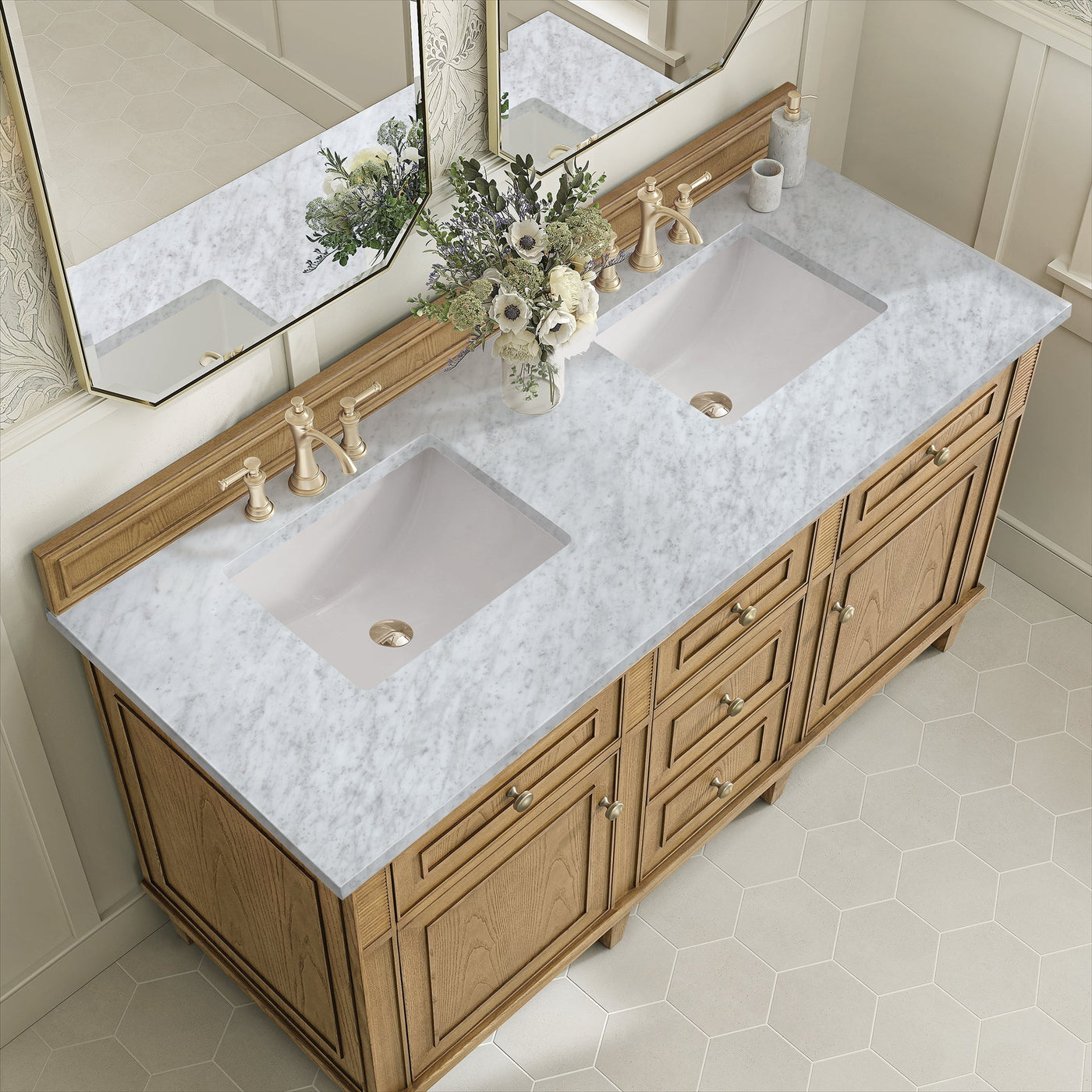 James Martin Lorelai 60" Double Bathroom Vanity, Light Natural Oak with Carrara White countertop