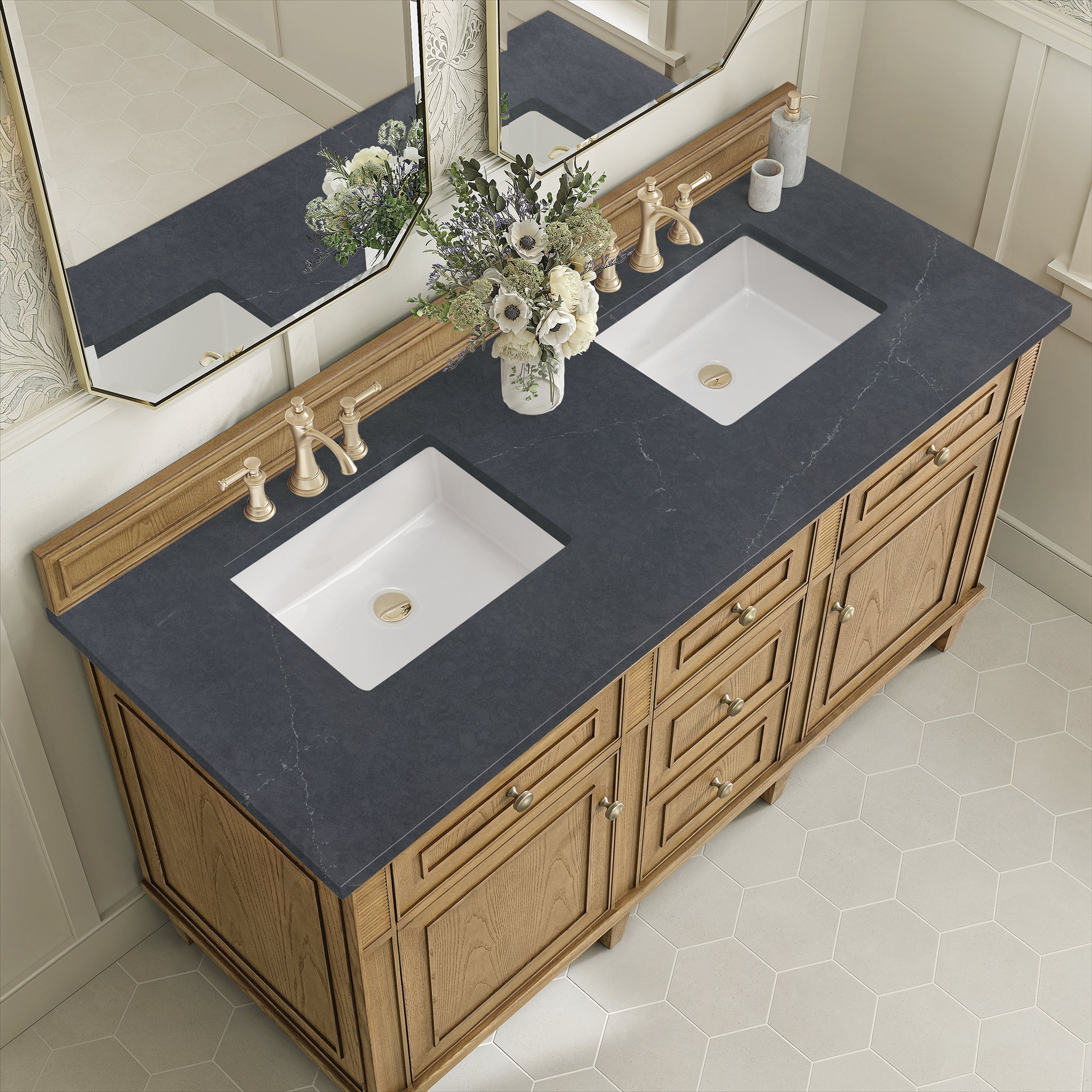 James Martin Lorelai 60" Double Bathroom Vanity, Light Natural Oak with Charcoal Soapstone countertop