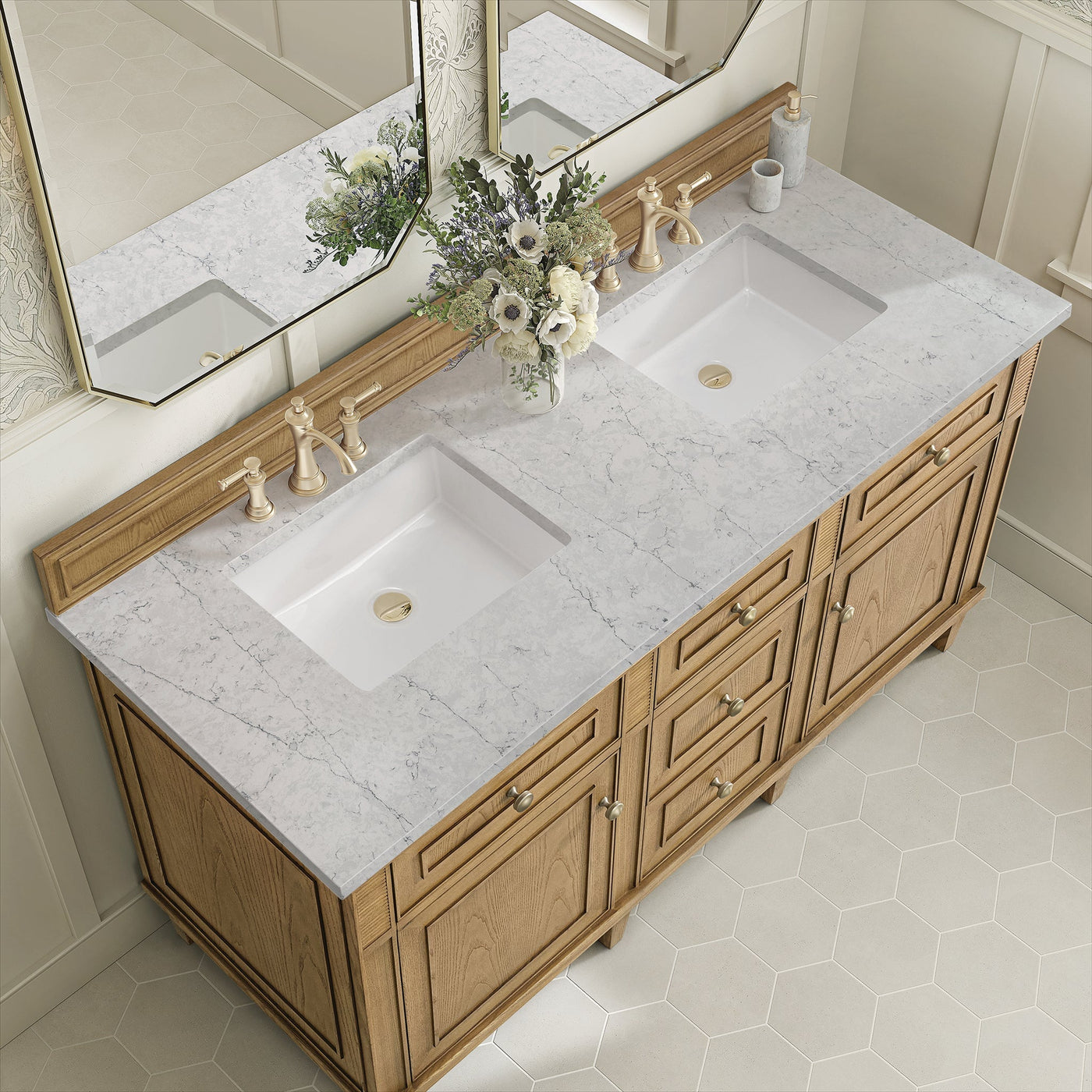James Martin Lorelai 60" Double Bathroom Vanity, Light Natural Oak with Eternal Jasmine Pearl countertop