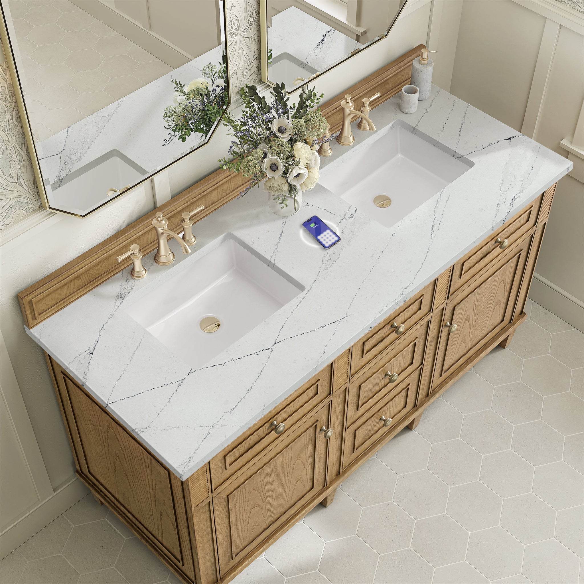James Martin Lorelai 60" Double Bathroom Vanity, Light Natural Oak with Ethereal Noctis (FreePower) countertop