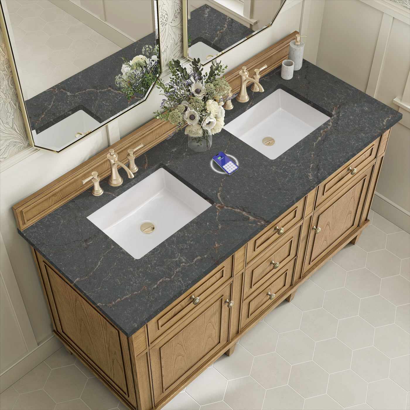James Martin Lorelai 60" Double Bathroom Vanity, Light Natural Oak with Parisien Bleu (FreePower) countertop