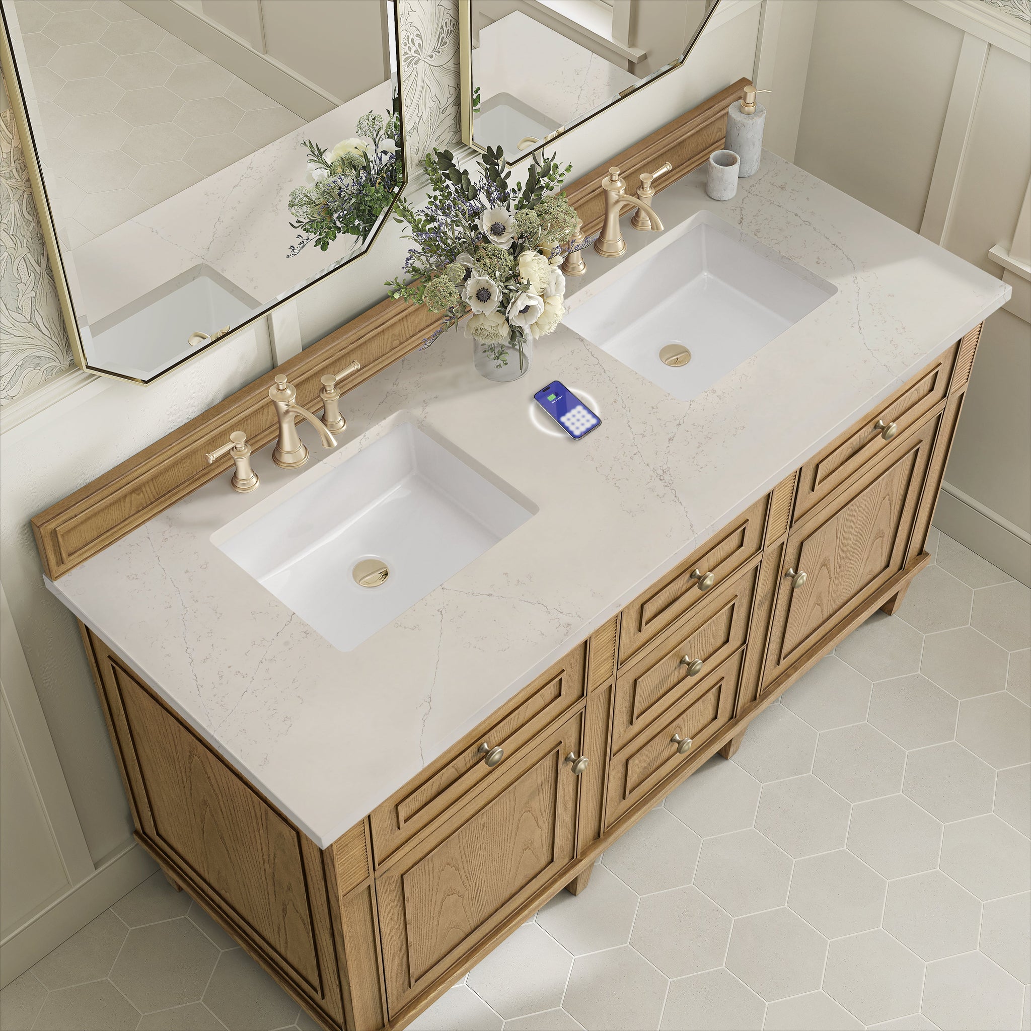 James Martin Lorelai 60" Double Bathroom Vanity, Light Natural Oak with Siberian (FreePower) countertop