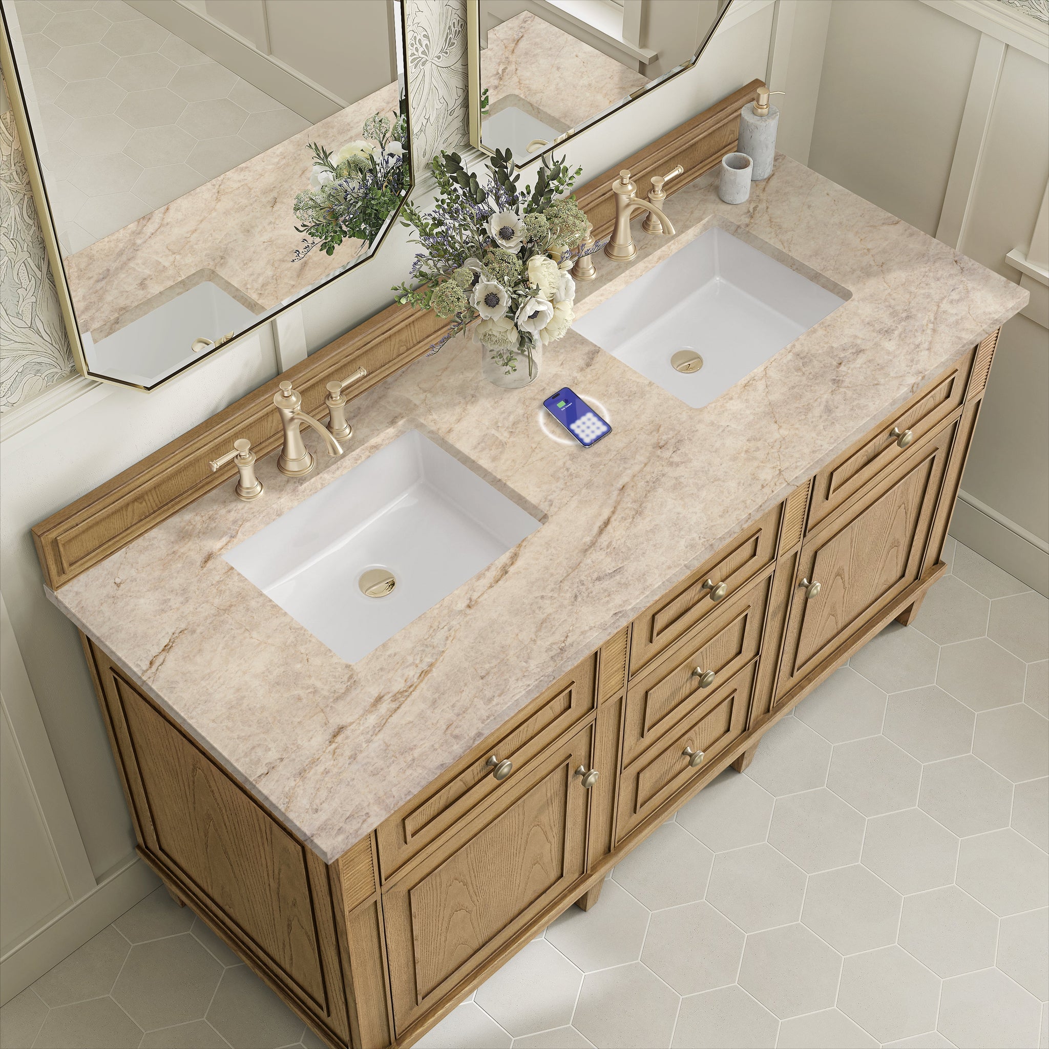 James Martin Lorelai 60" Double Bathroom Vanity, Light Natural Oak with Tajnar (FreePower) countertop