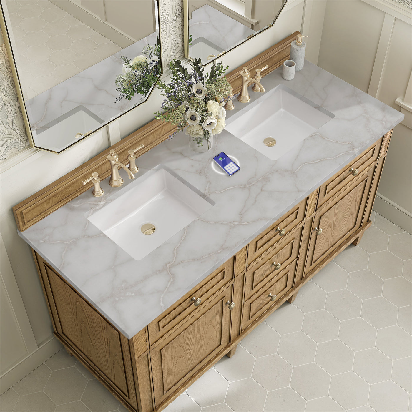James Martin Lorelai 60" Double Bathroom Vanity, Light Natural Oak with Victorian Silver (FreePower) countertop