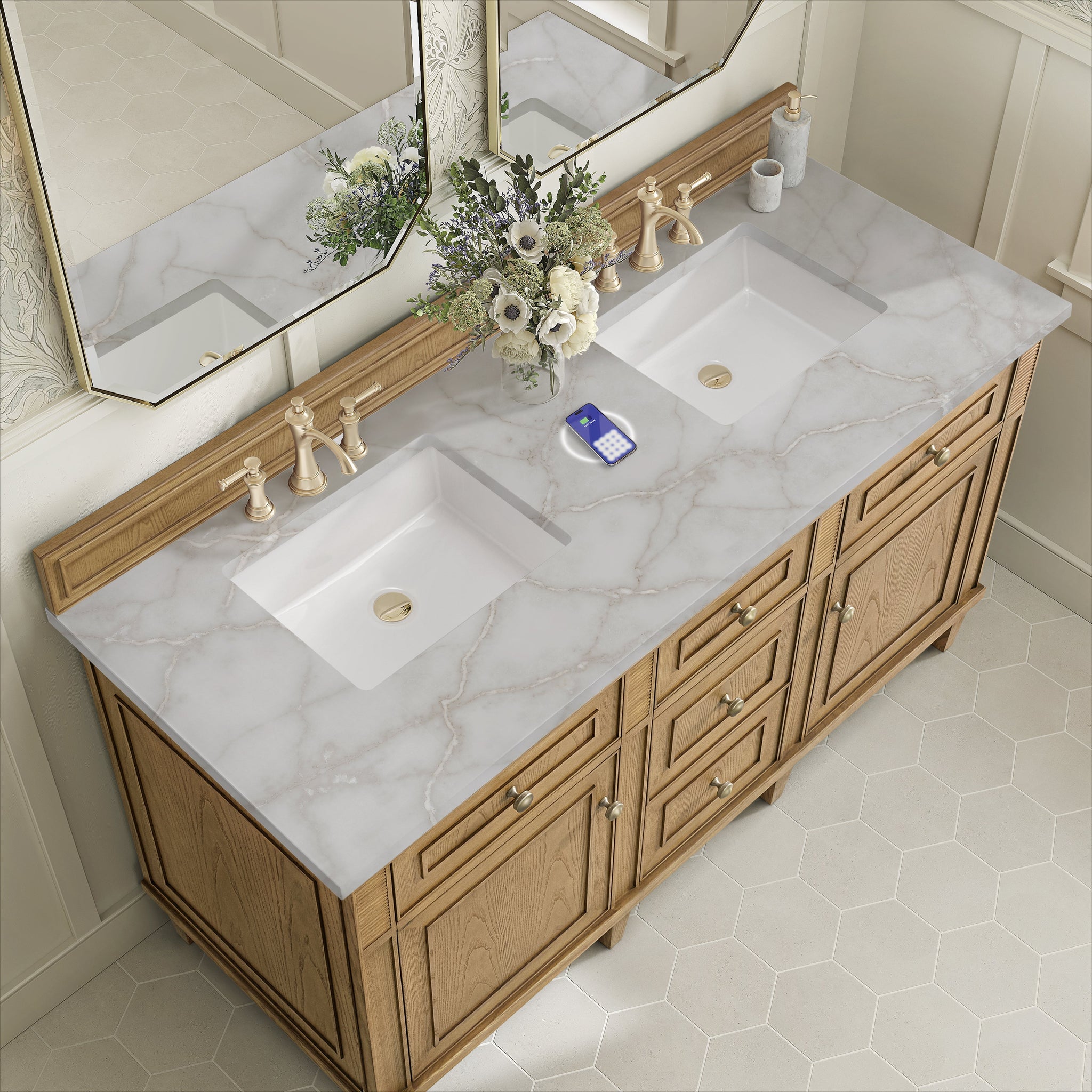 James Martin Lorelai 60" Double Bathroom Vanity, Light Natural Oak with Victorian Silver (FreePower) countertop