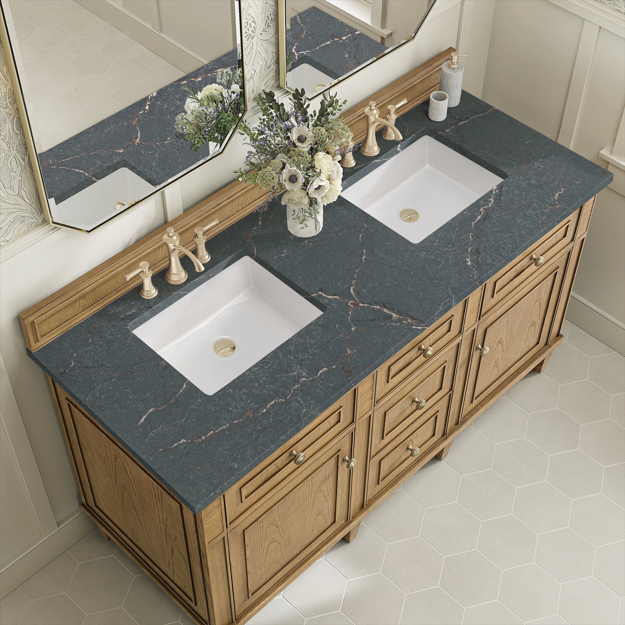 James Martin Lorelai 60" Double Bathroom Vanity, Light Natural Oak with Parisien Bleu countertop