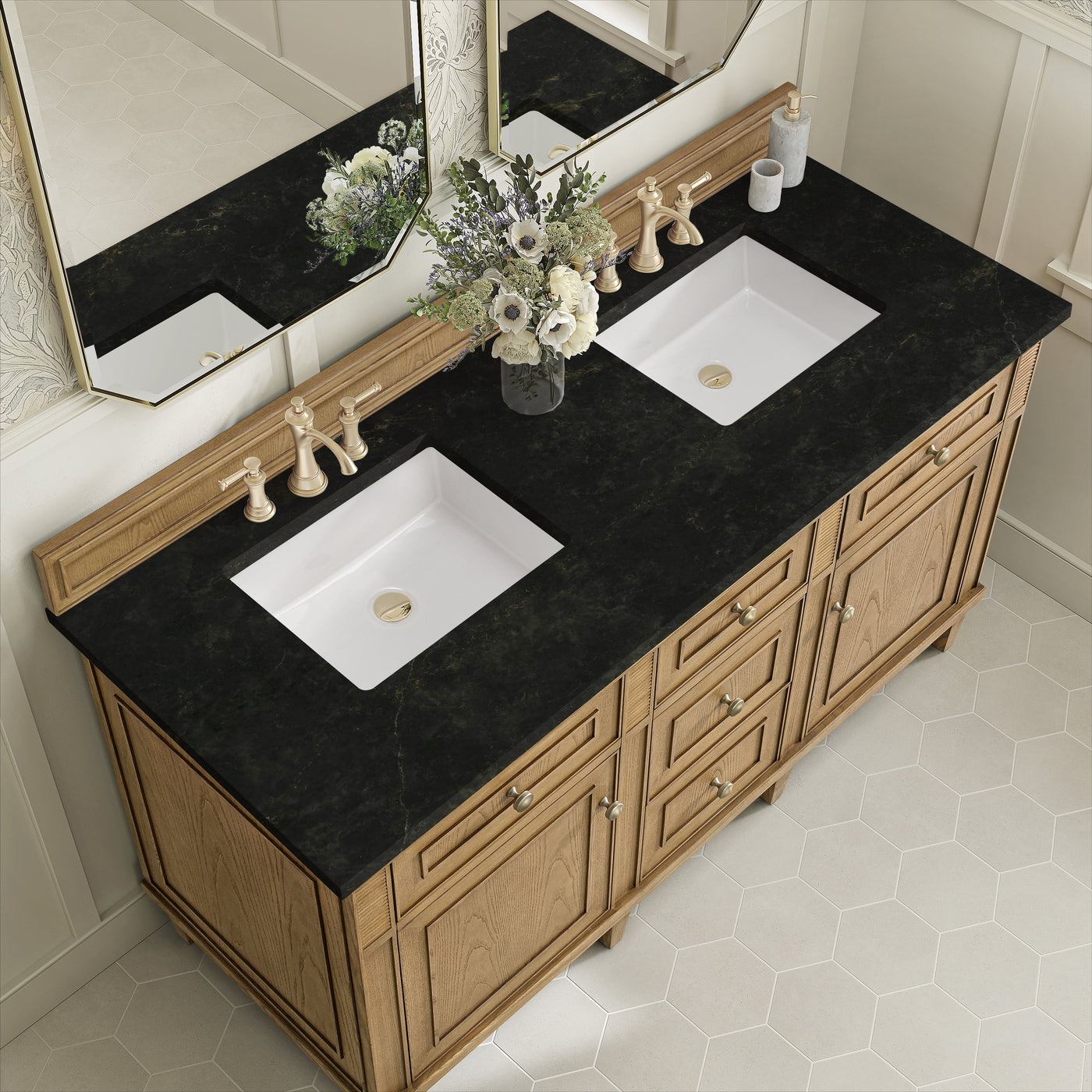 James Martin Lorelai 60" Double Bathroom Vanity, Light Natural Oak with Phantome countertop