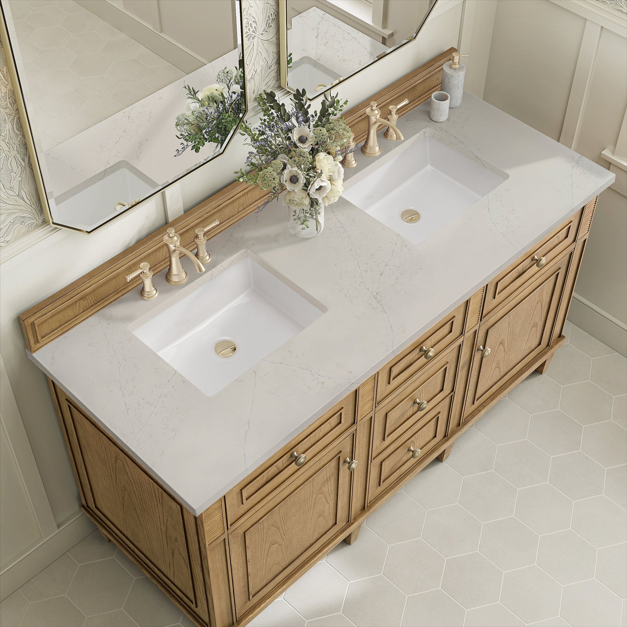 James Martin Lorelai 60" Double Bathroom Vanity, Light Natural Oak with Siberian countertop