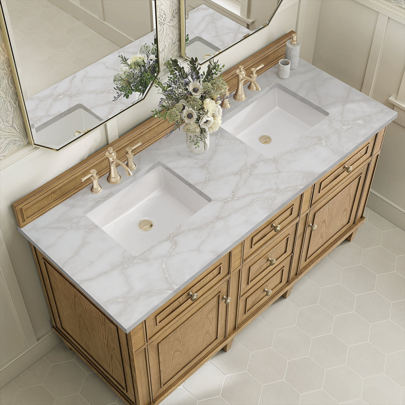 James Martin Lorelai 60" Double Bathroom Vanity, Light Natural Oak with Victorian Silver countertop