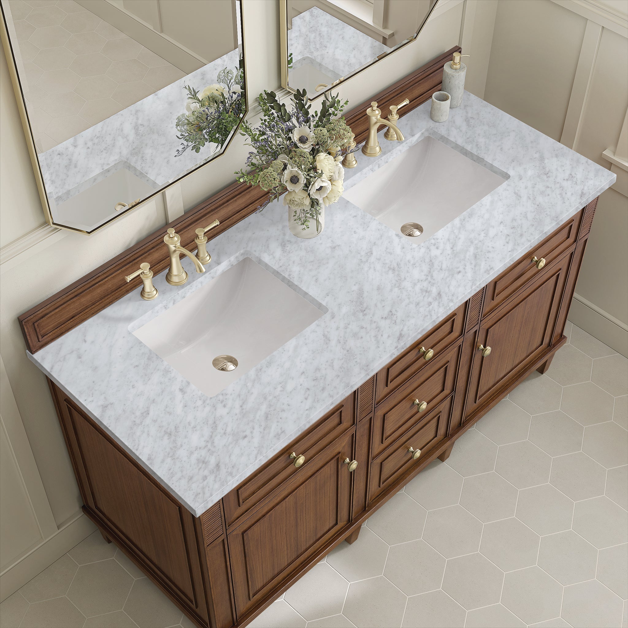 James Martin Lorelai 60" Double Bathroom Vanity, Mid-Century Walnut with Carrara White countertop