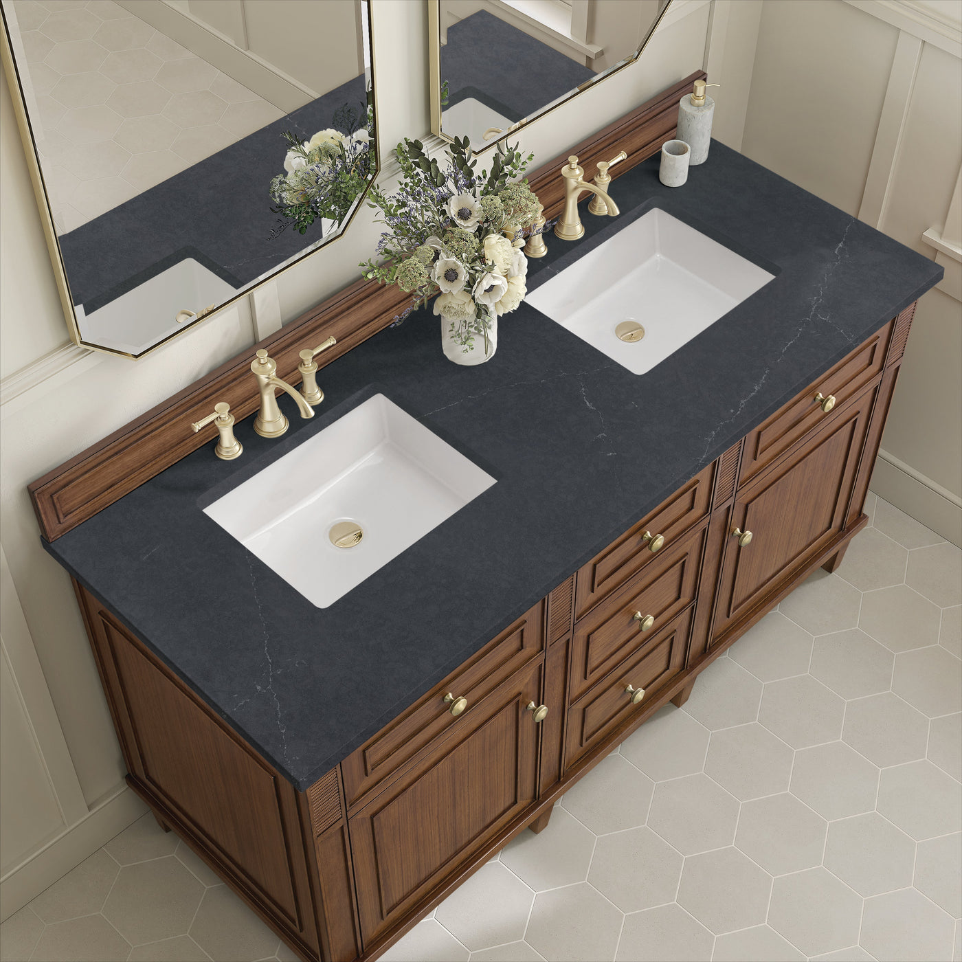 James Martin Lorelai 60" Double Bathroom Vanity, Mid-Century Walnut with Charcoal Soapstone countertop
