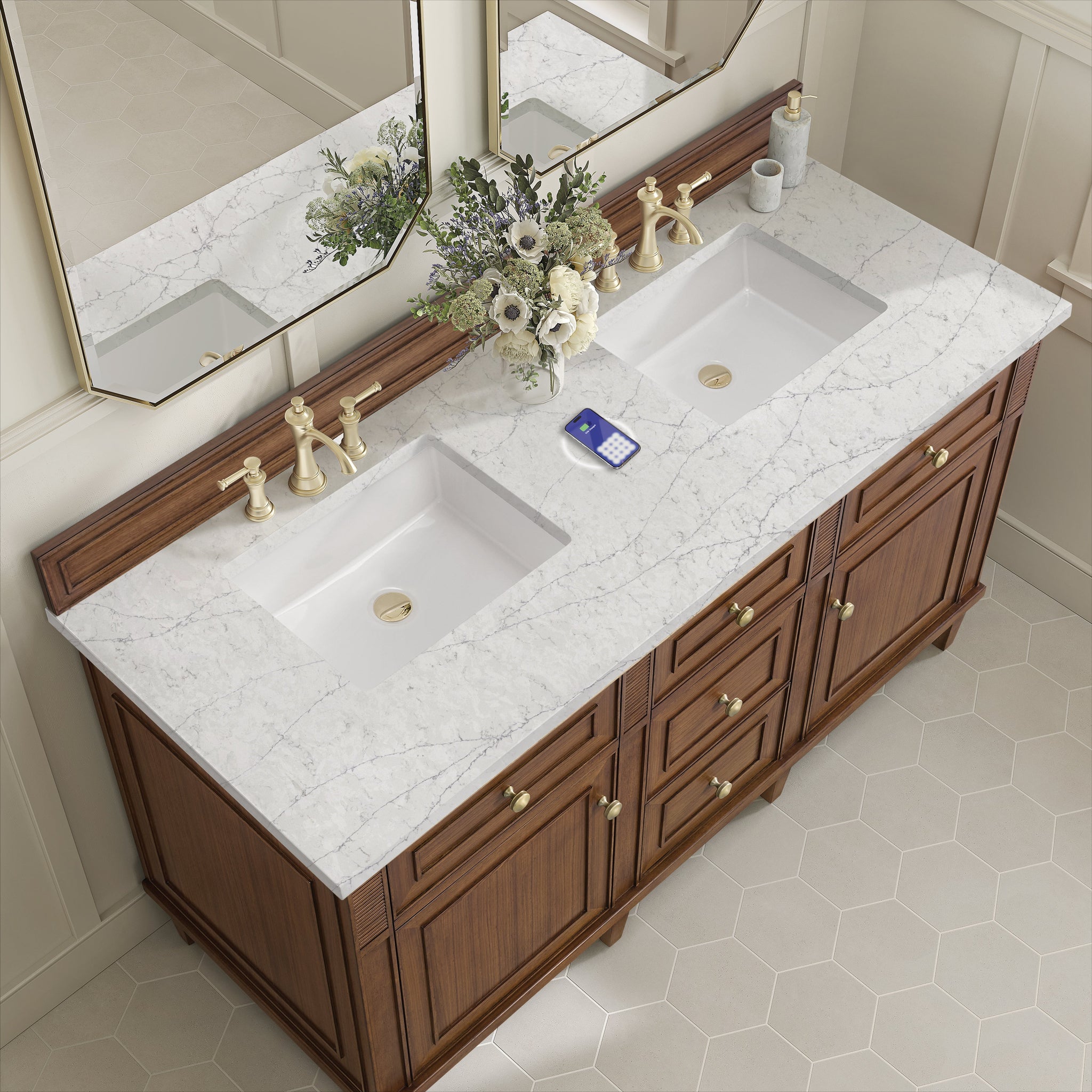 James Martin Lorelai 60" Double Bathroom Vanity, Mid-Century Walnut with Eternal Jasmine Pearl (FreePower) countertop