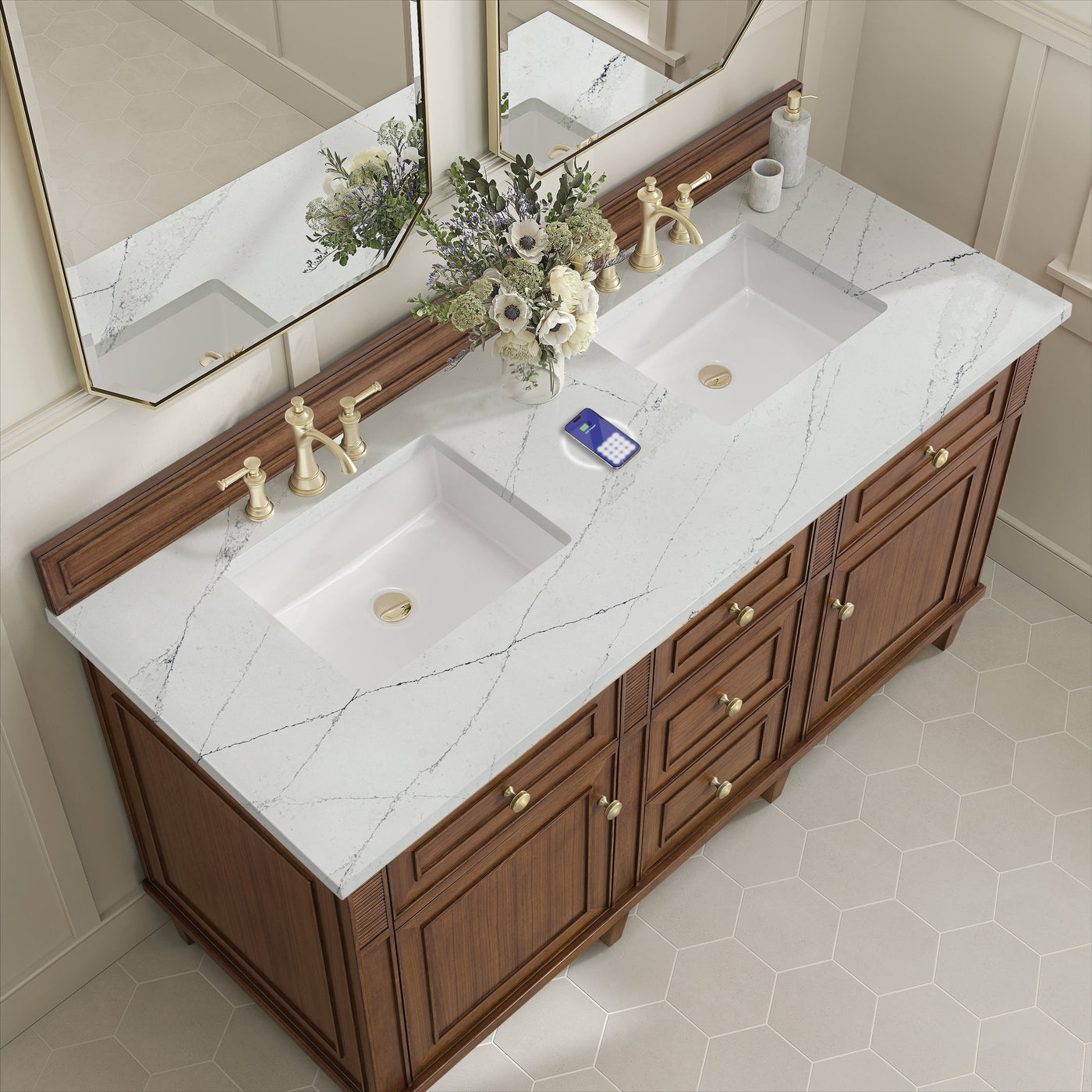 James Martin Lorelai 60" Double Bathroom Vanity, Mid-Century Walnut with Ethereal Noctis (FreePower) countertop