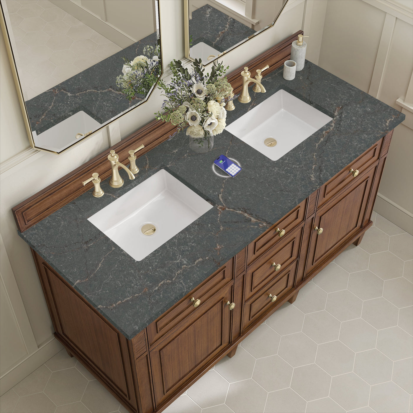 James Martin Lorelai 60" Double Bathroom Vanity, Mid-Century Walnut with Parisien Bleu (FreePower) countertop
