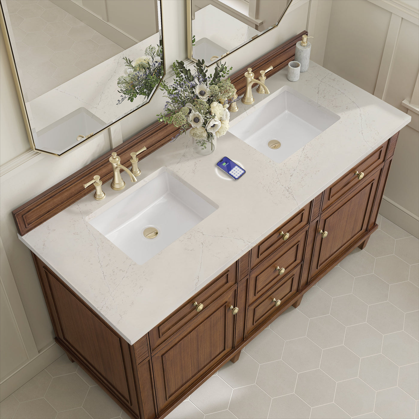 James Martin Lorelai 60" Double Bathroom Vanity, Mid-Century Walnut with Siberian (FreePower) countertop