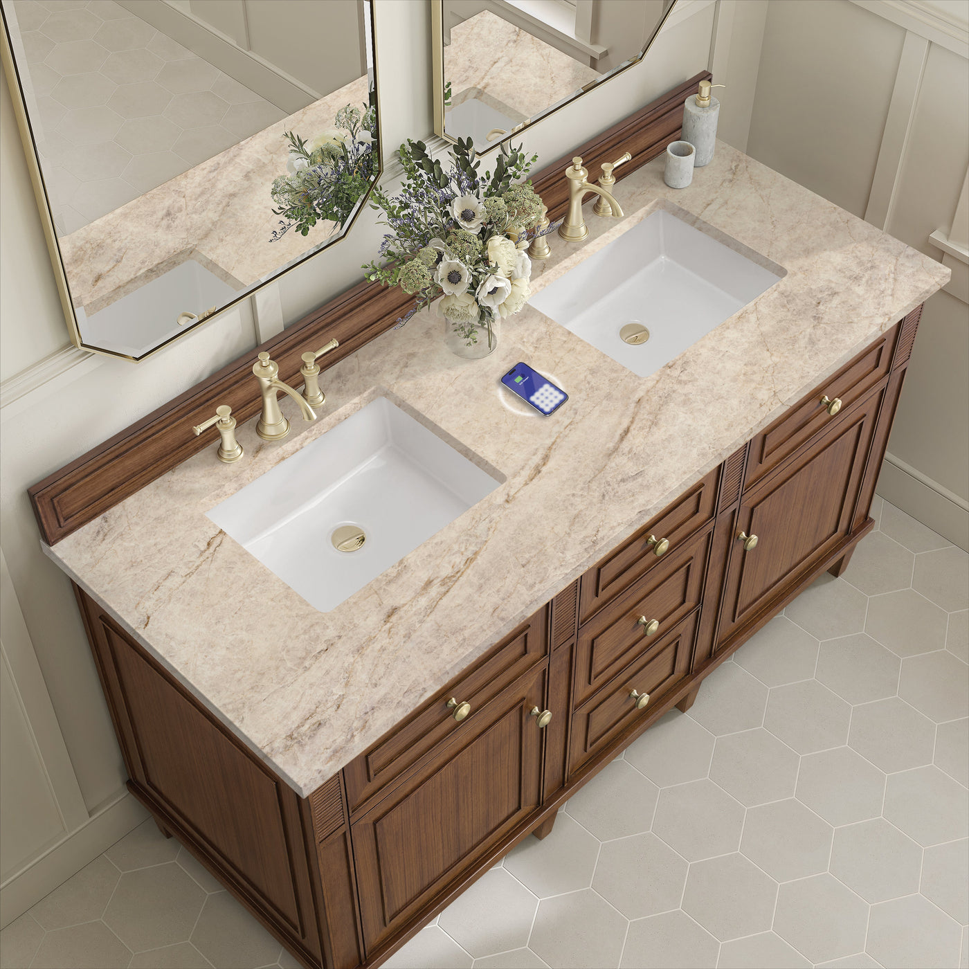 James Martin Lorelai 60" Double Bathroom Vanity, Mid-Century Walnut with Tajnar (FreePower) countertop