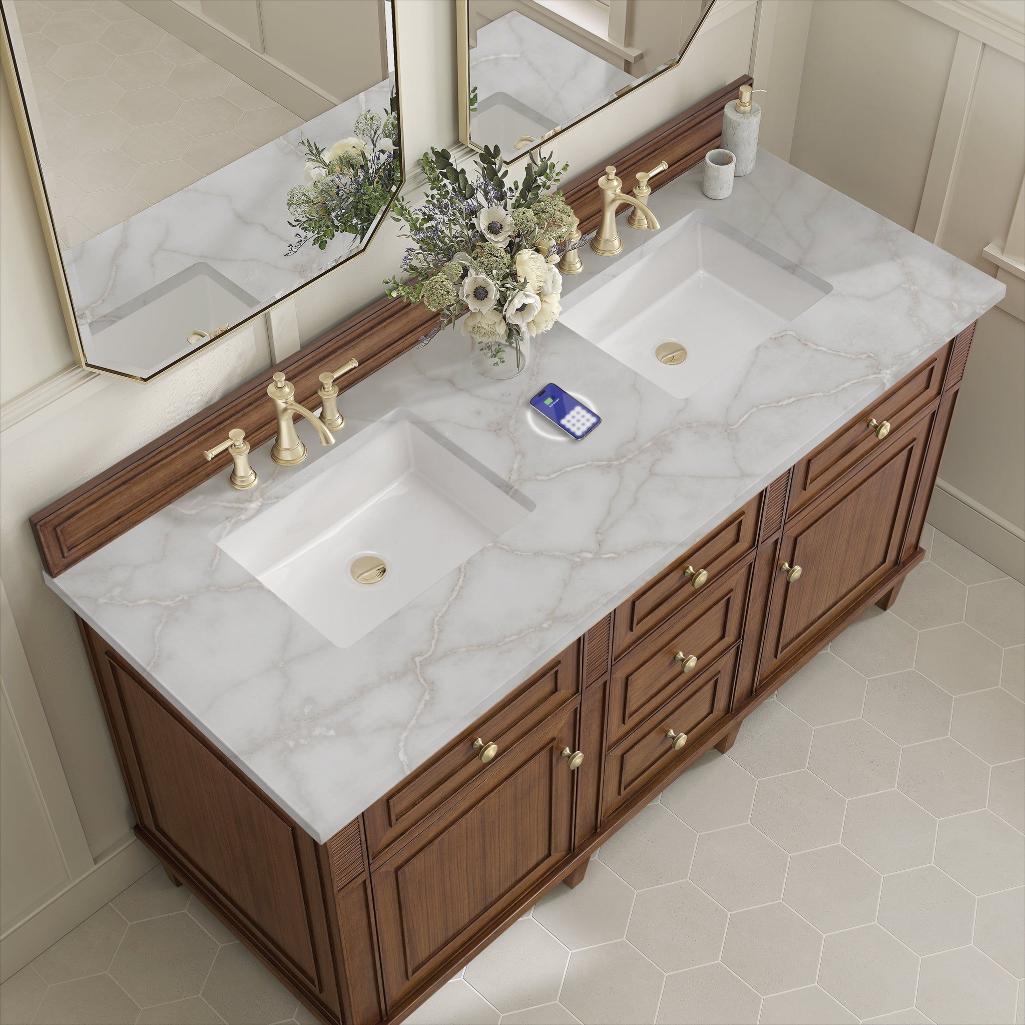 James Martin Lorelai 60" Double Bathroom Vanity, Mid-Century Walnut with Victorian Silver (FreePower) countertop