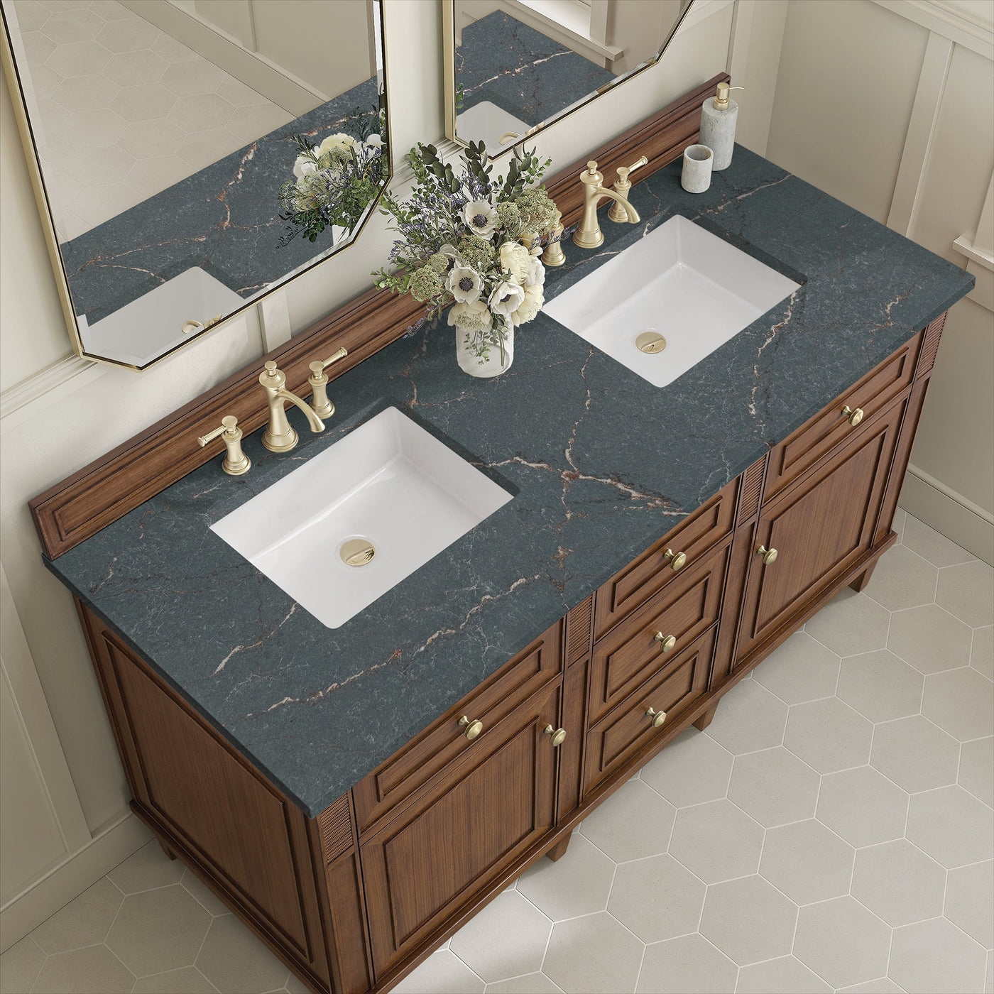 James Martin Lorelai 60" Double Bathroom Vanity, Mid-Century Walnut with Parisien Bleu countertop