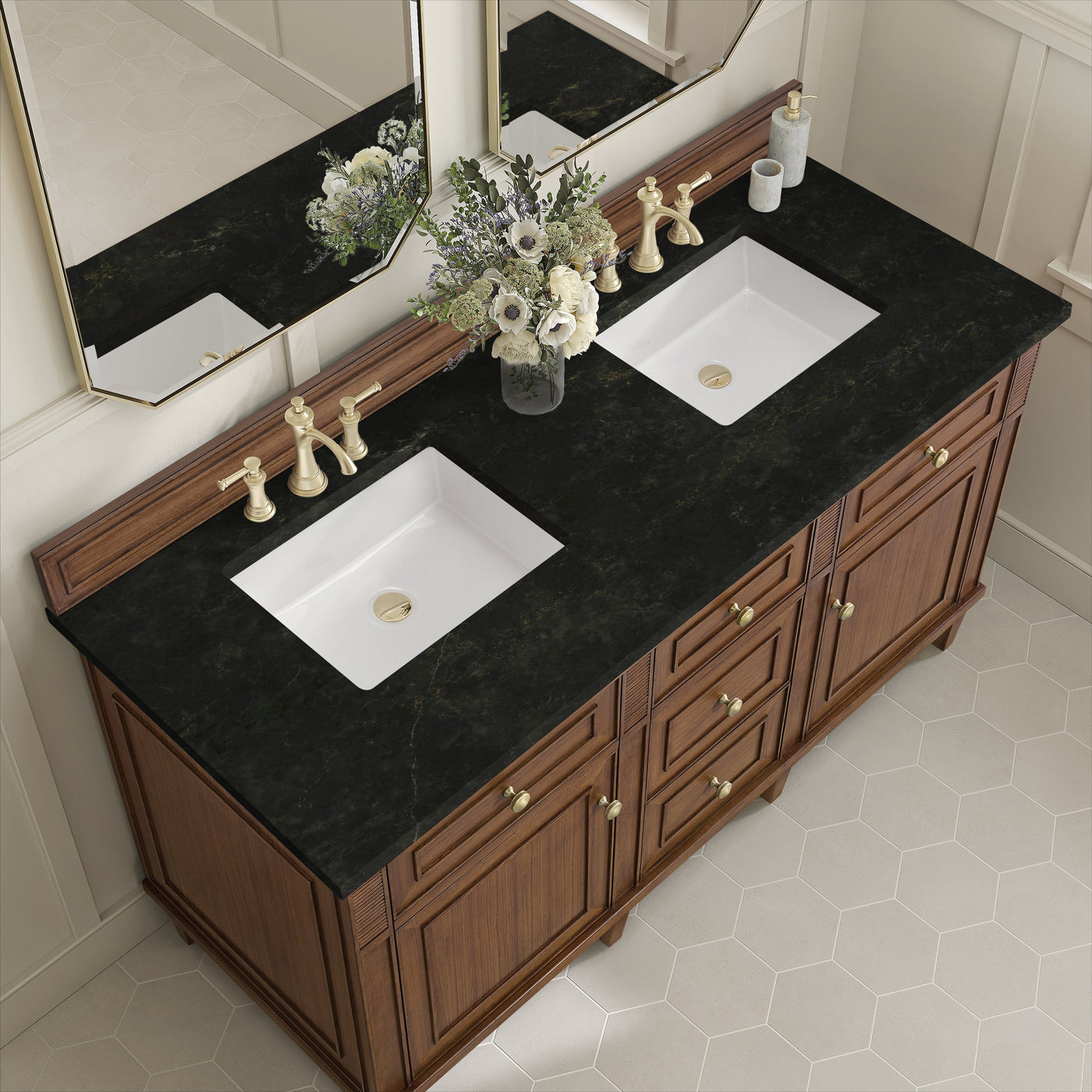 James Martin Lorelai 60" Double Bathroom Vanity, Mid-Century Walnut with Phantome countertop
