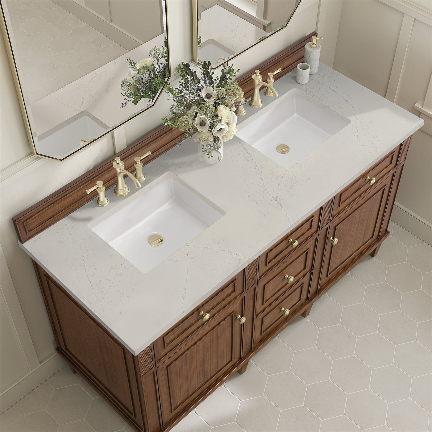 James Martin Lorelai 60" Double Bathroom Vanity, Mid-Century Walnut with Siberian countertop