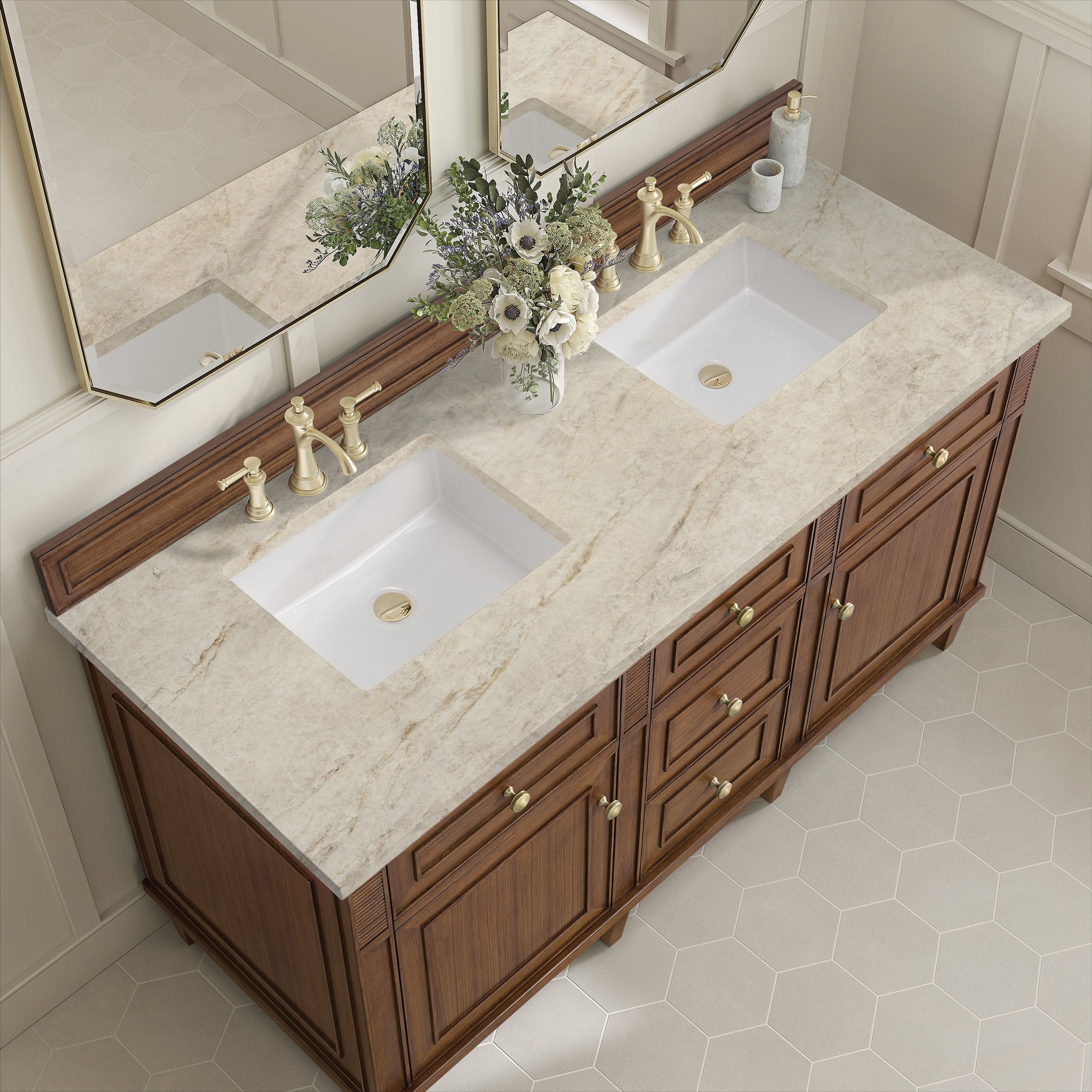 James Martin Lorelai 60" Double Bathroom Vanity, Mid-Century Walnut with Tajnar countertop