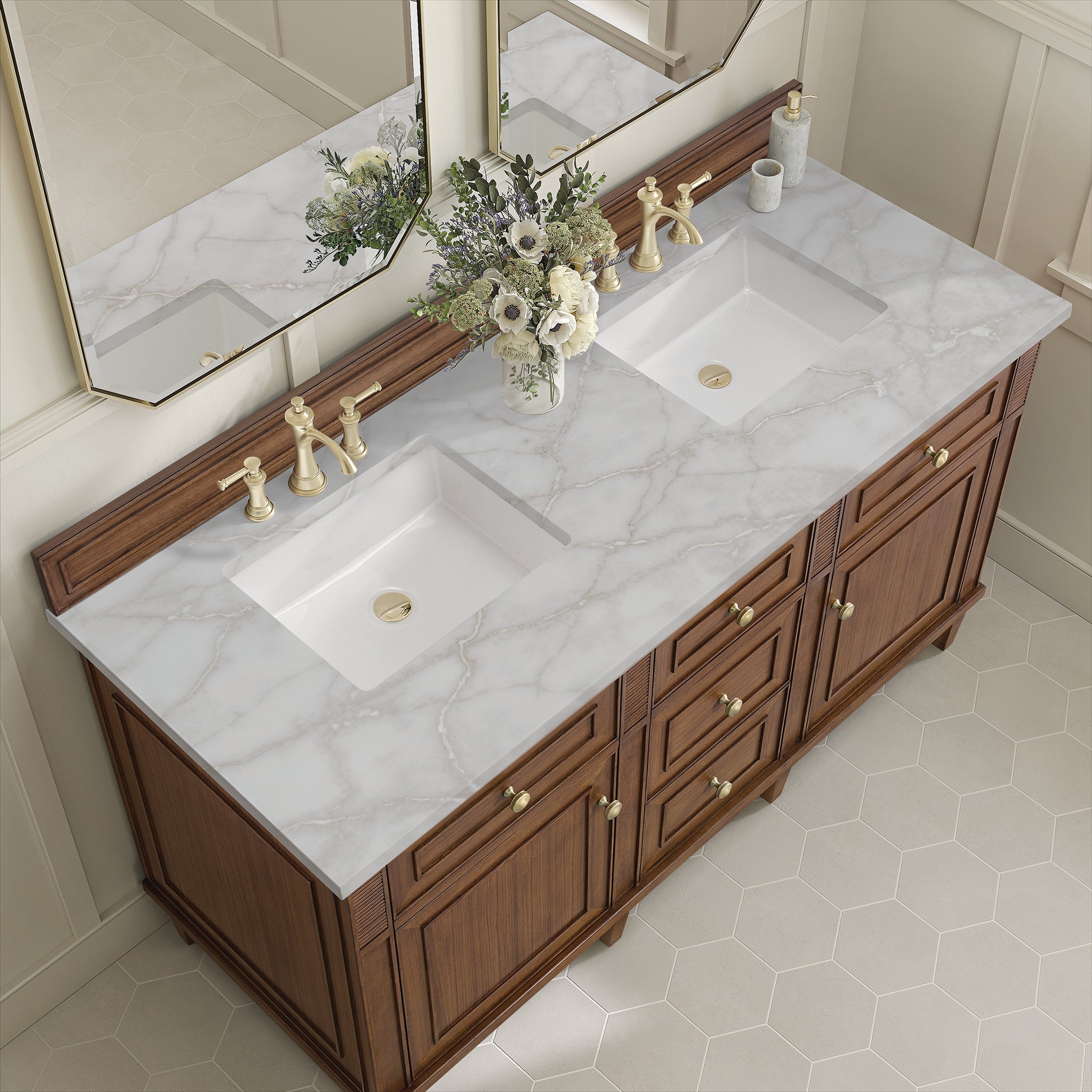 James Martin Lorelai 60" Double Bathroom Vanity, Mid-Century Walnut with Victorian Silver countertop