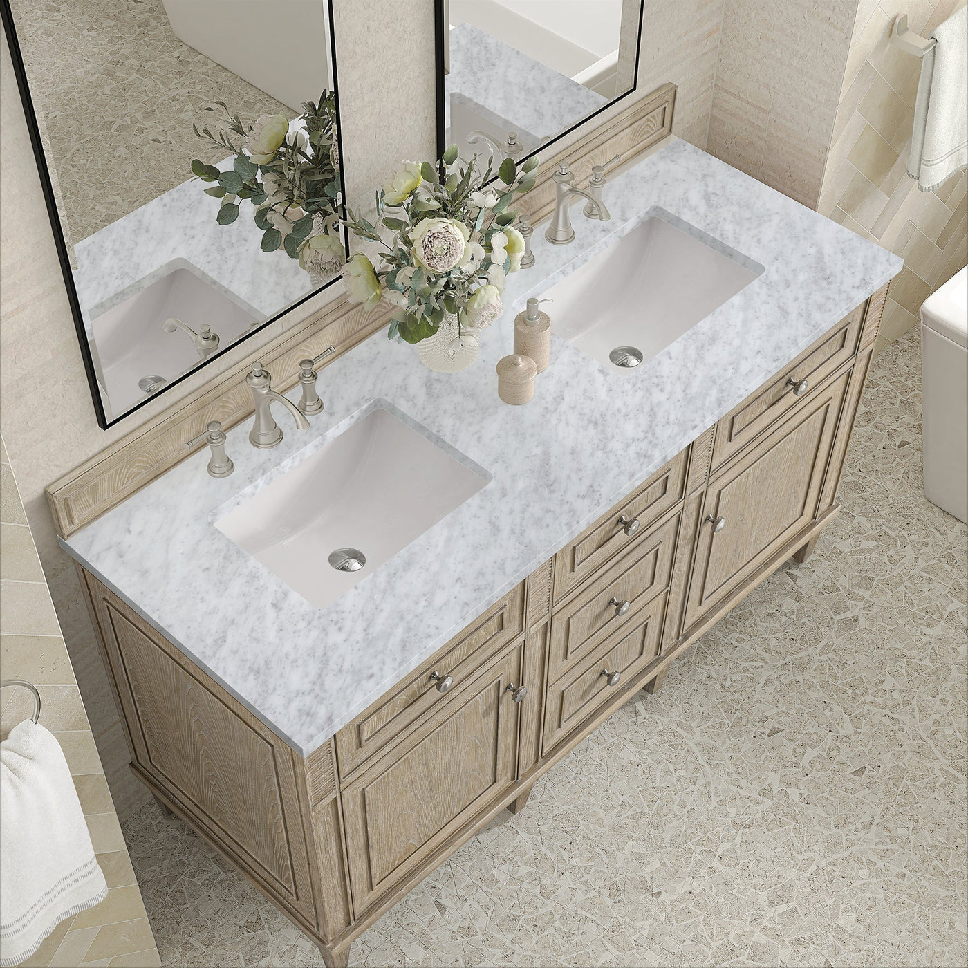James Martin Lorelai 60" Double Bathroom Vanity, Whitewashed Oak with Carrara White countertop