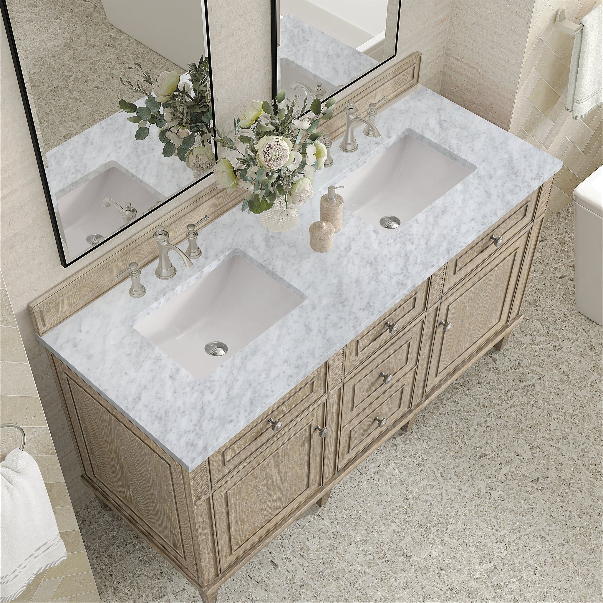 James Martin Lorelai 60" Double Bathroom Vanity, Whitewashed Oak with Carrara White countertop