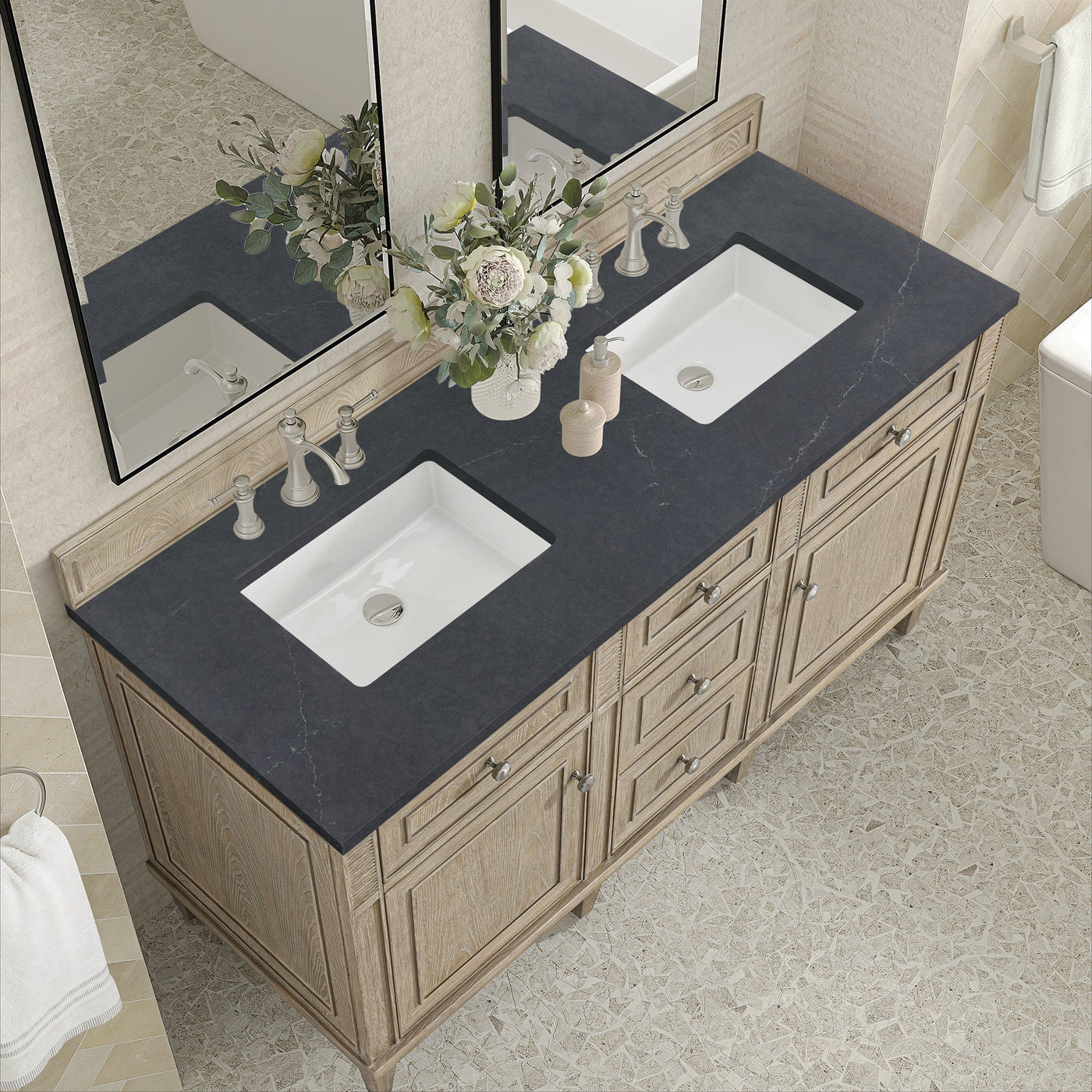James Martin Lorelai 60" Double Bathroom Vanity, Whitewashed Oak with Charcoal Soapstone countertop