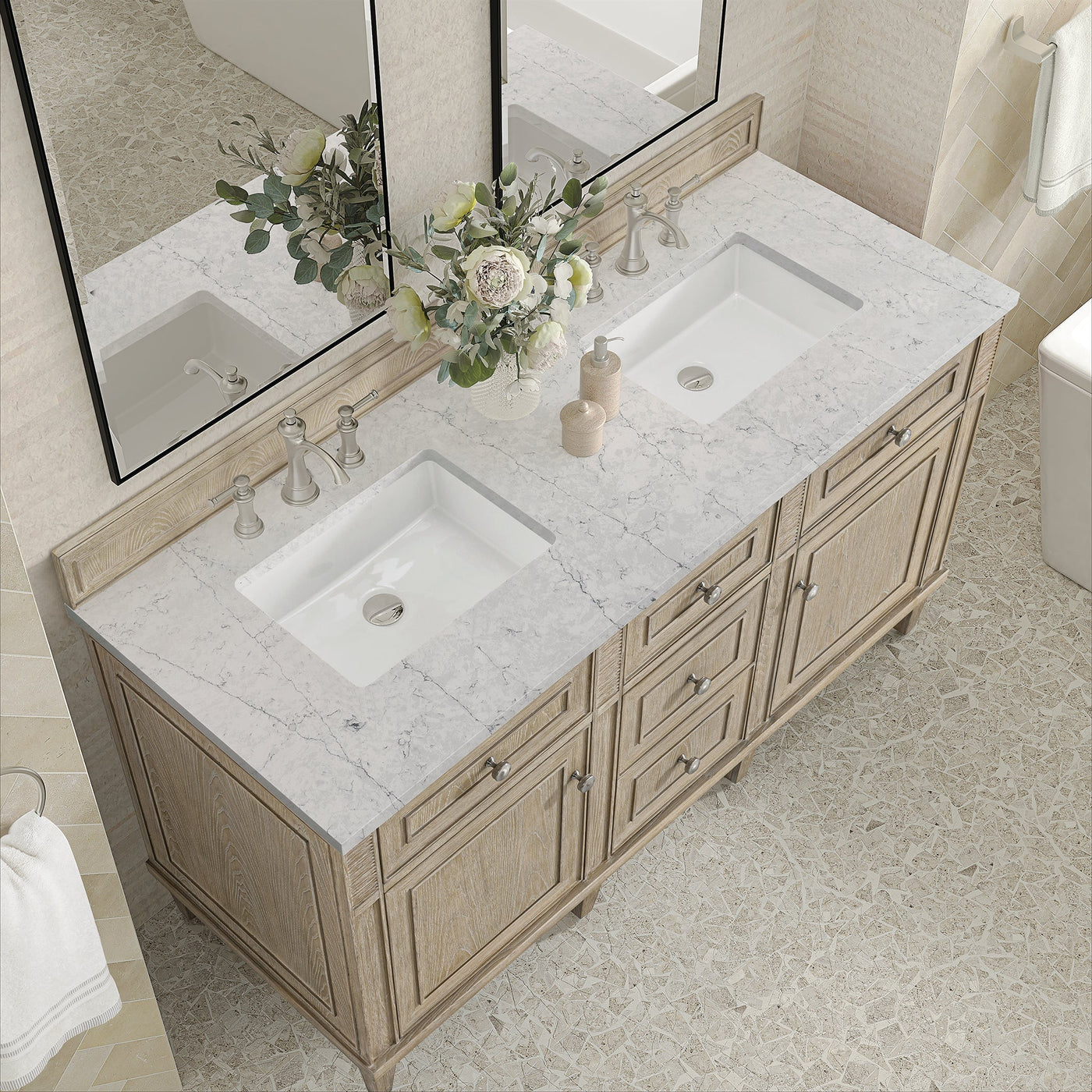 James Martin Lorelai 60" Double Bathroom Vanity, Whitewashed Oak with Eternal Jasmine Pearl countertop