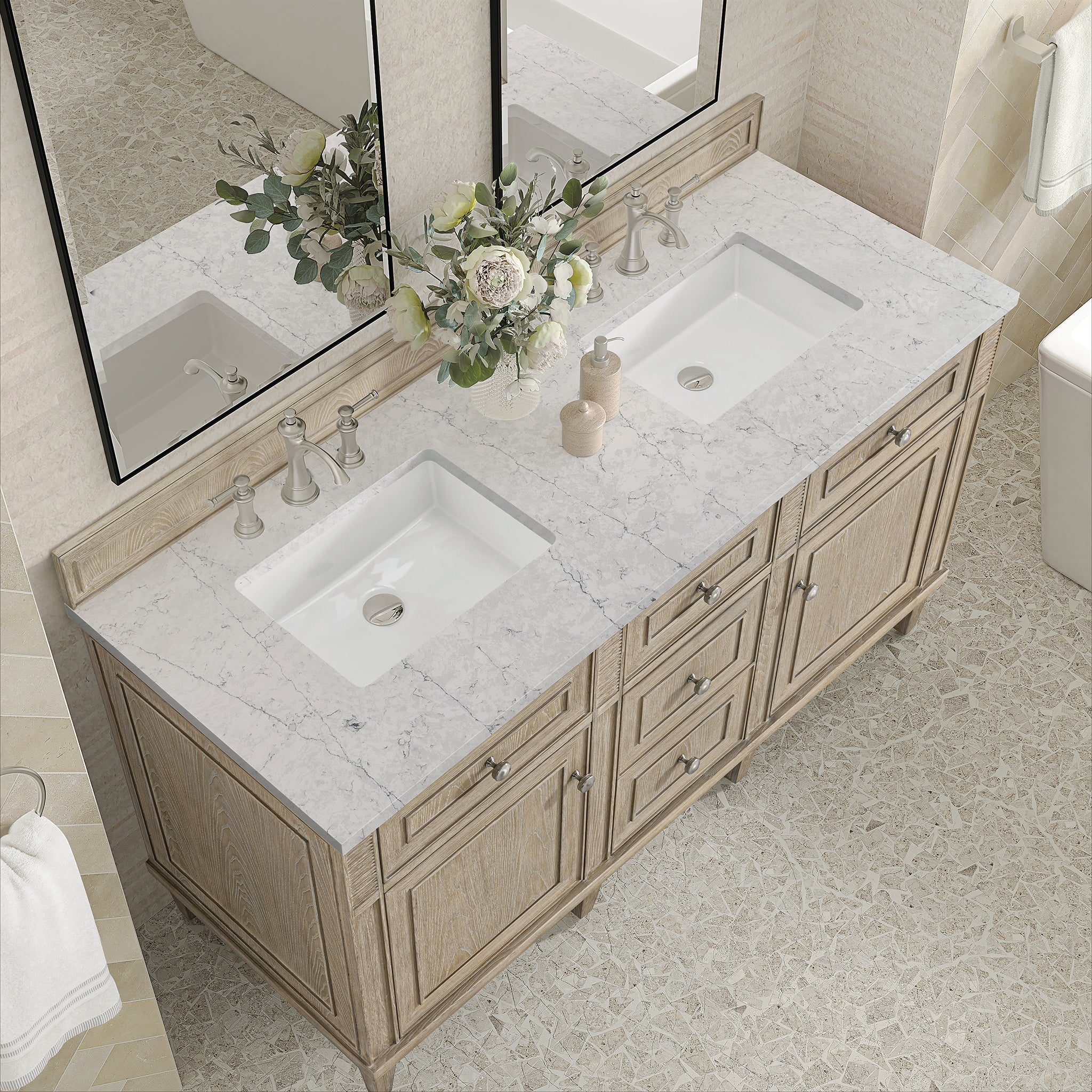 James Martin Lorelai 60" Double Bathroom Vanity, Whitewashed Oak with Eternal Jasmine Pearl countertop