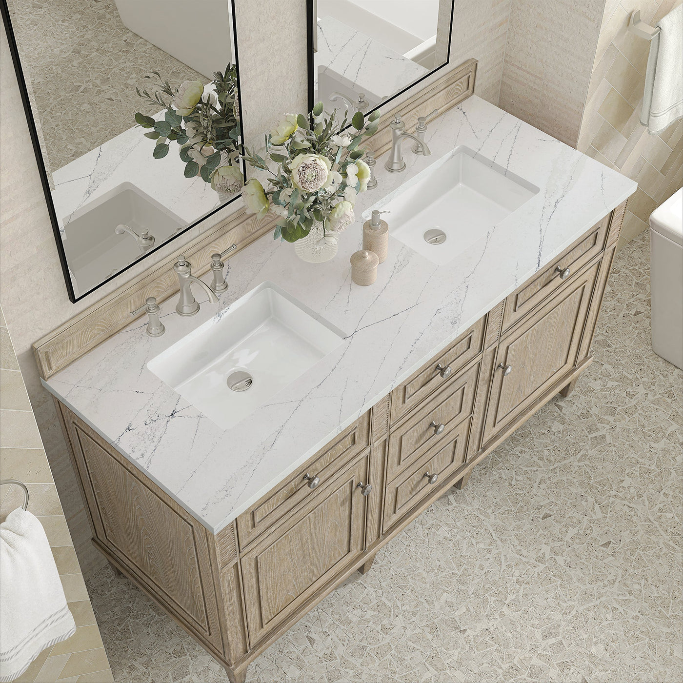 James Martin Lorelai 60" Double Bathroom Vanity, Whitewashed Oak with Ethereal Noctis countertop