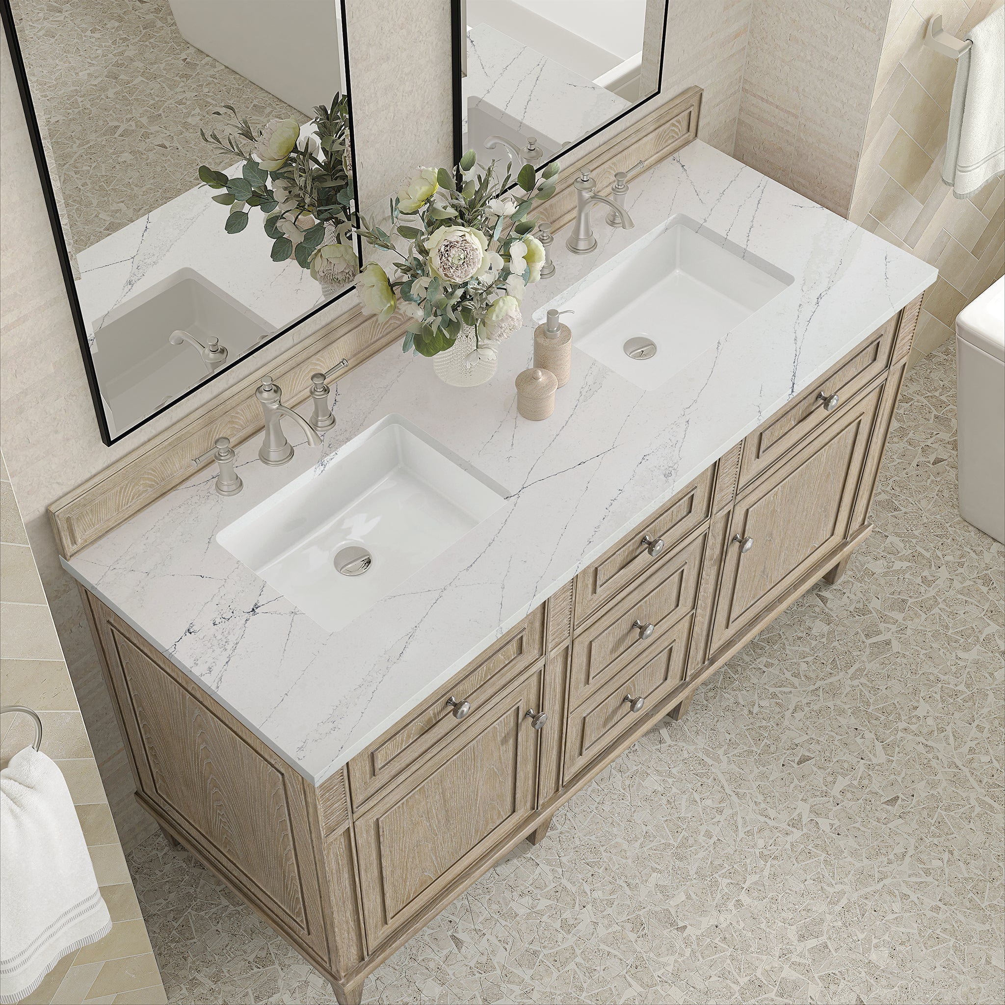 James Martin Lorelai 60" Double Bathroom Vanity, Whitewashed Oak with Ethereal Noctis countertop