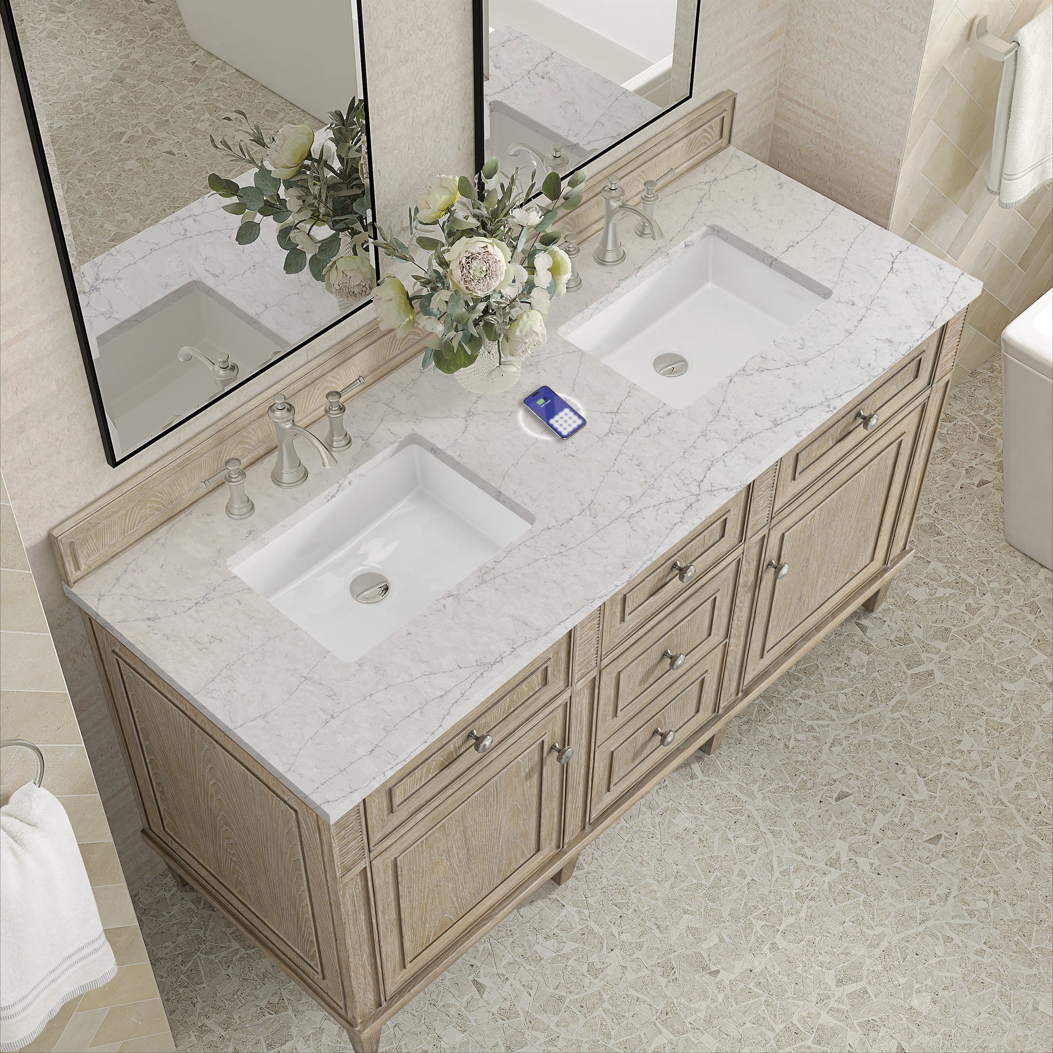 James Martin Lorelai 60" Double Bathroom Vanity, Whitewashed Oak with Eternal Jasmine Pearl (FreePower) countertop