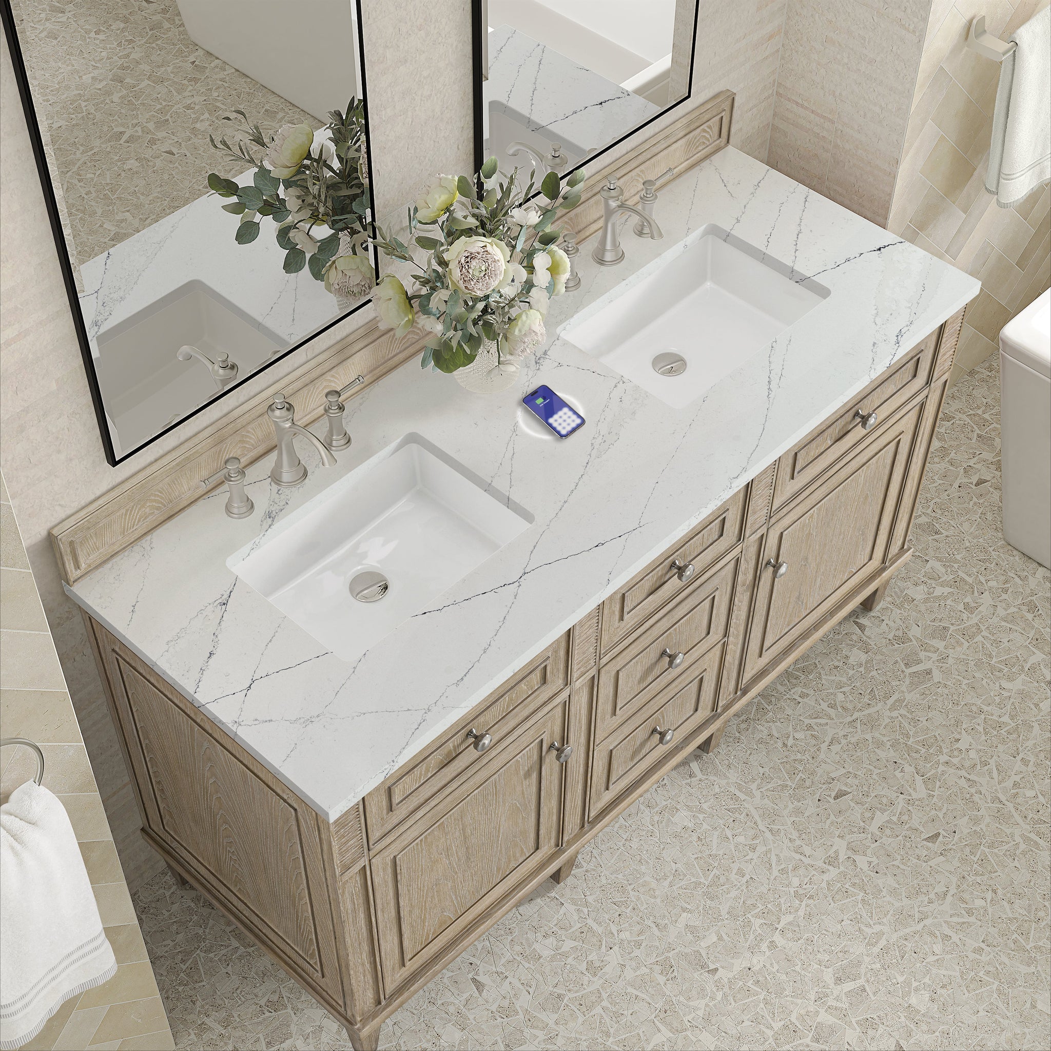 James Martin Lorelai 60" Double Bathroom Vanity, Whitewashed Oak with Ethereal Noctis (FreePower) countertop