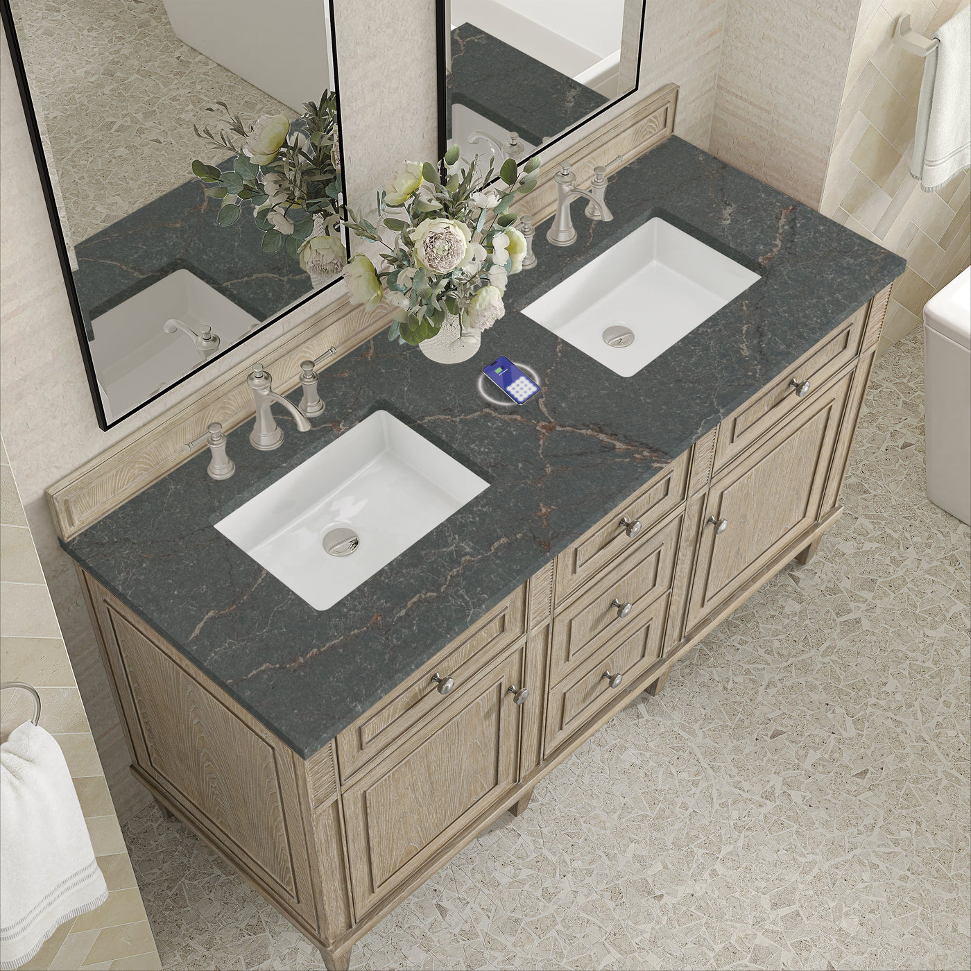 James Martin Lorelai 60" Double Bathroom Vanity, Whitewashed Oak with Parisien Bleu (FreePower) countertop