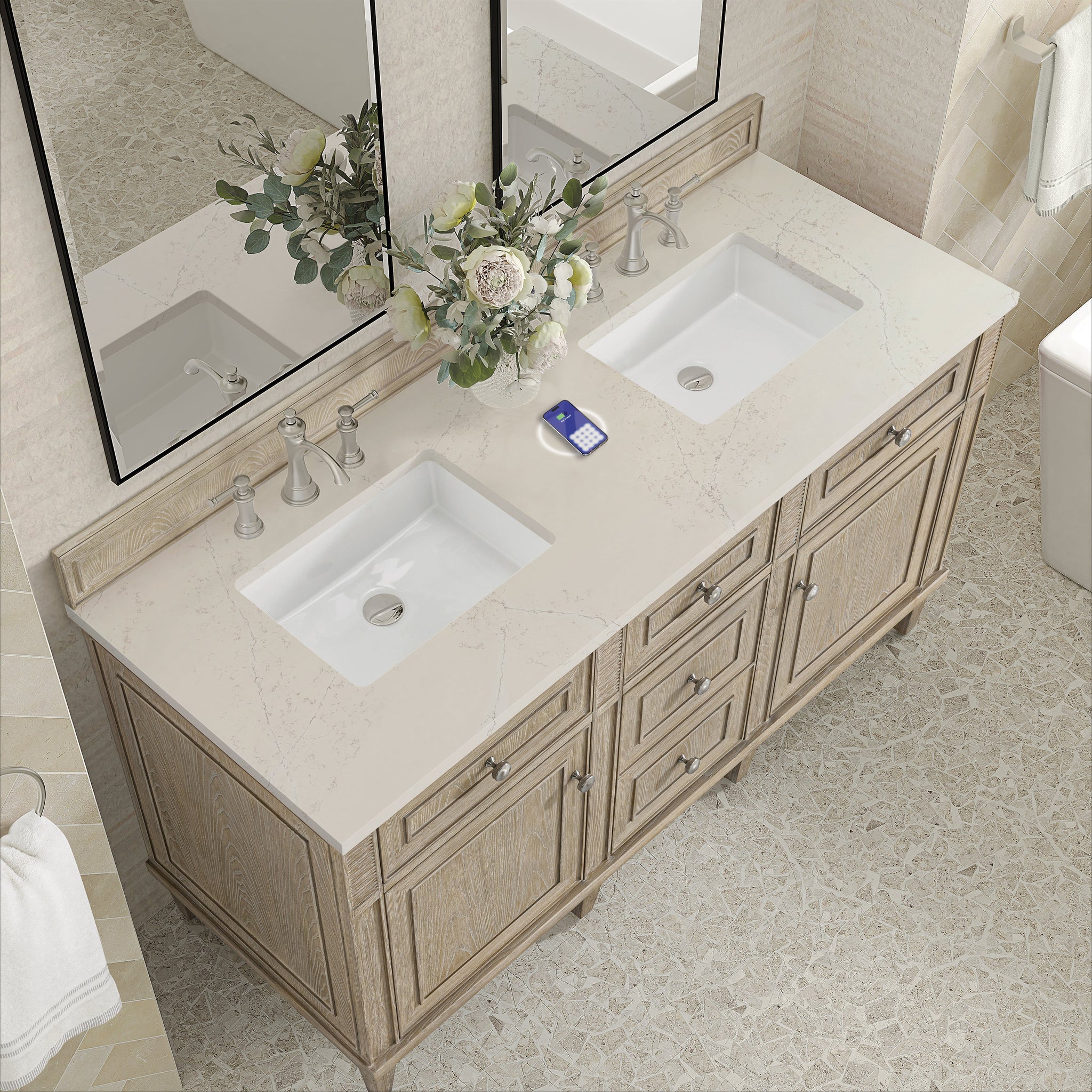 James Martin Lorelai 60" Double Bathroom Vanity, Whitewashed Oak with Siberian (FreePower) countertop