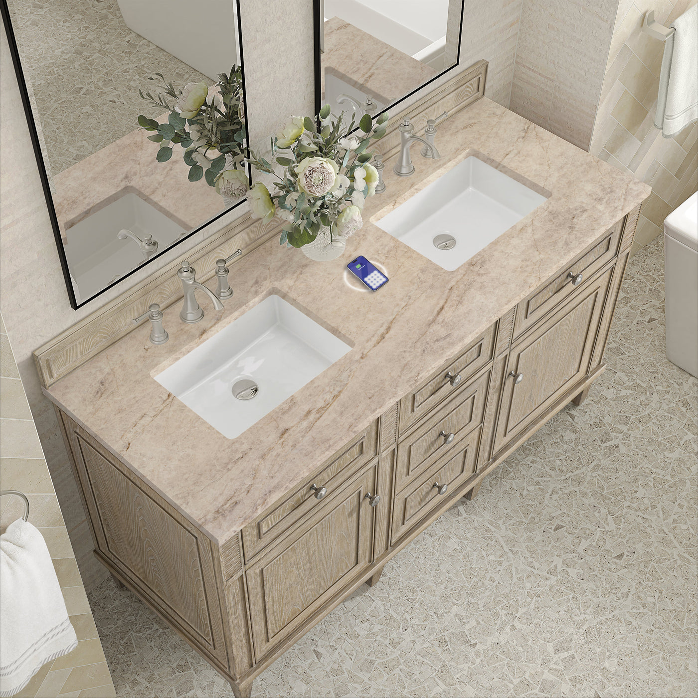 James Martin Lorelai 60" Double Bathroom Vanity, Whitewashed Oak with Tajnar (FreePower) countertop
