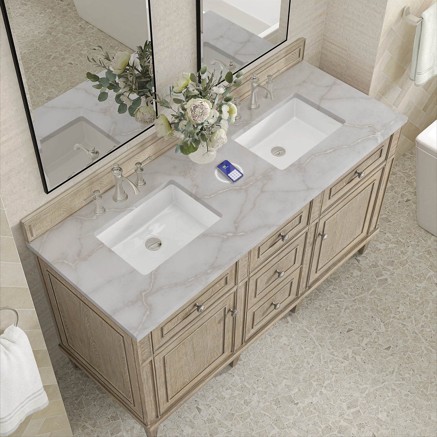 James Martin Lorelai 60" Double Bathroom Vanity, Whitewashed Oak with Victorian Silver (FreePower) countertop
