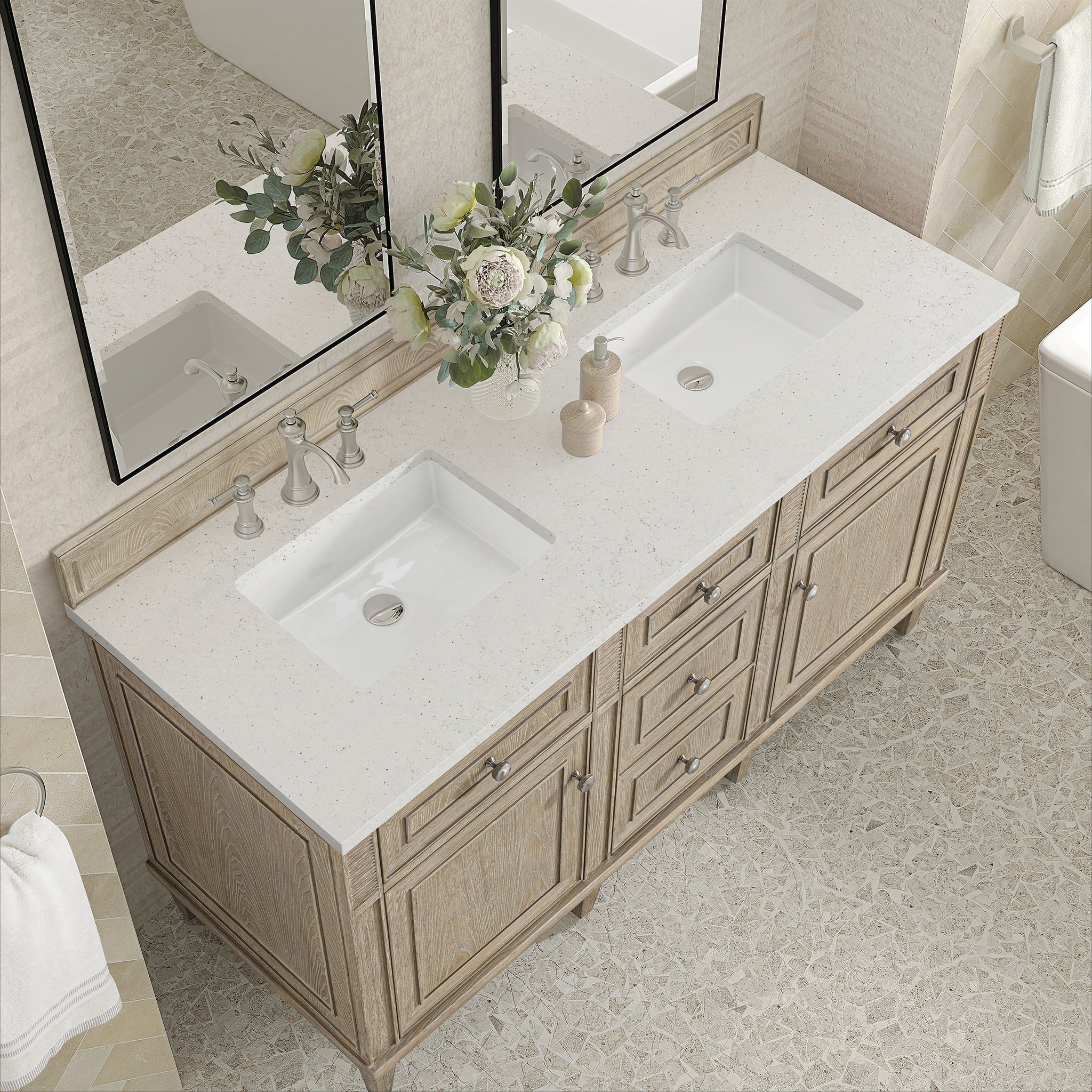 James Martin Lorelai 60" Double Bathroom Vanity, Whitewashed Oak with Lime Delight countertop