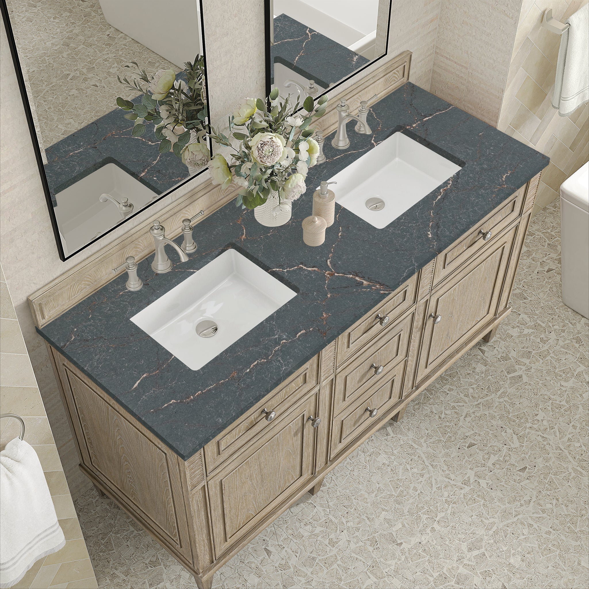 James Martin Lorelai 60" Double Bathroom Vanity, Whitewashed Oak with Parisien Bleu countertop