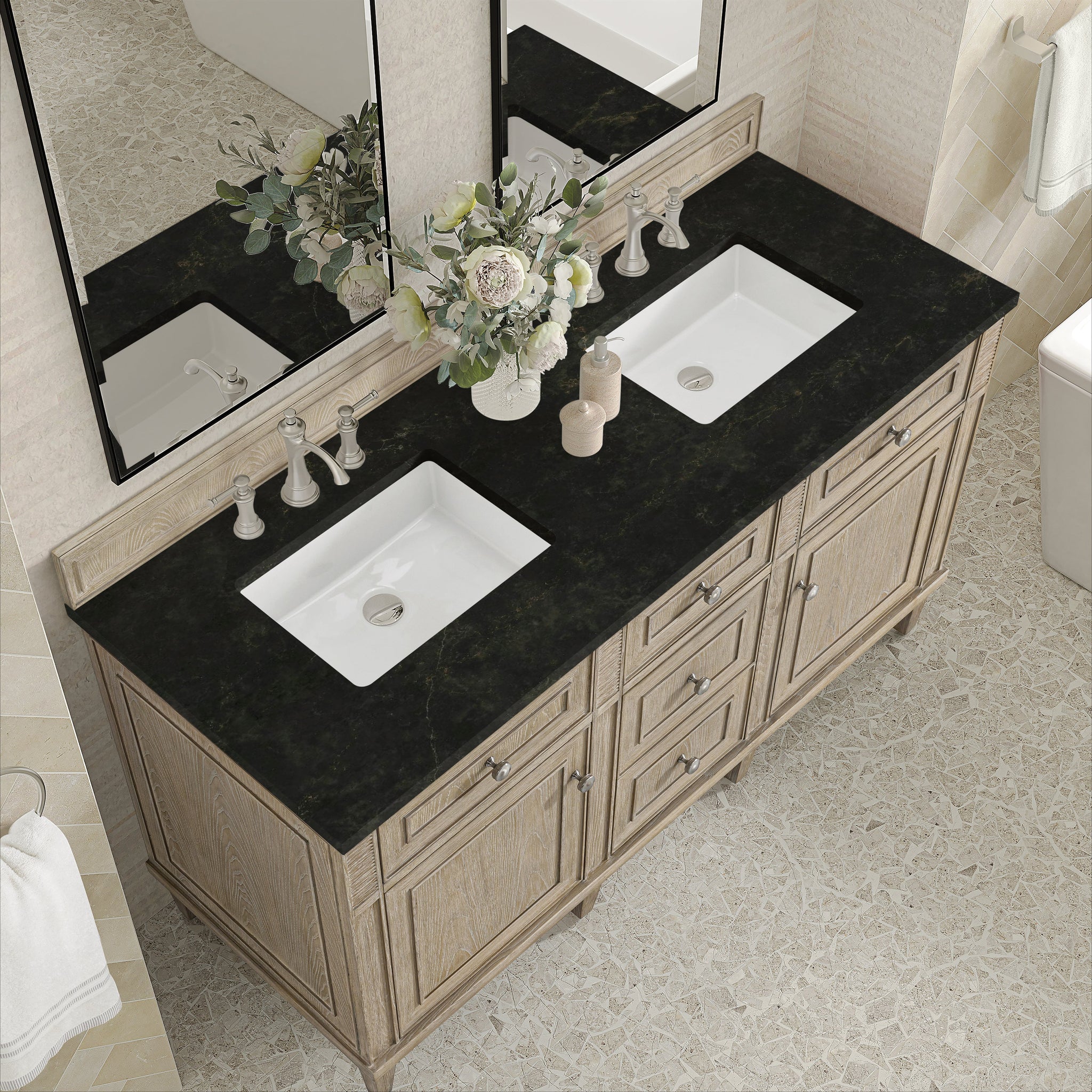 James Martin Lorelai 60" Double Bathroom Vanity, Whitewashed Oak with Phantome countertop