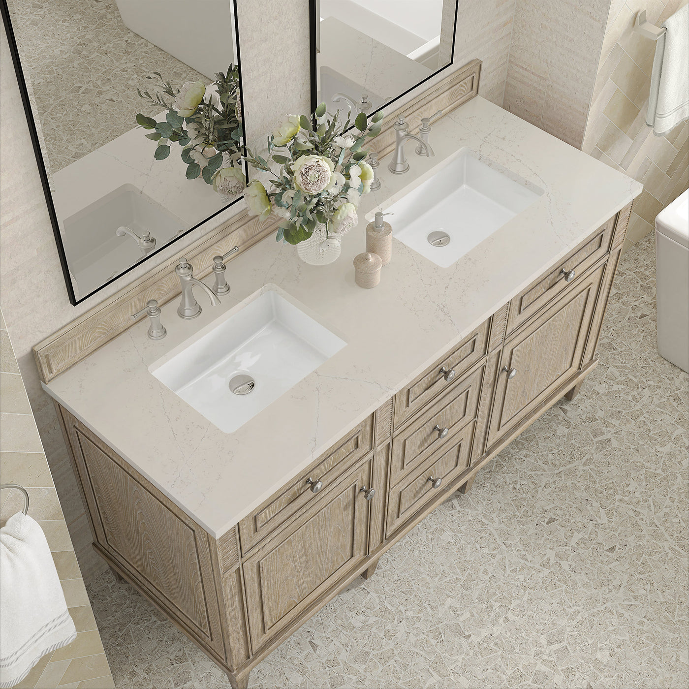 James Martin Lorelai 60" Double Bathroom Vanity, Whitewashed Oak with Siberian countertop