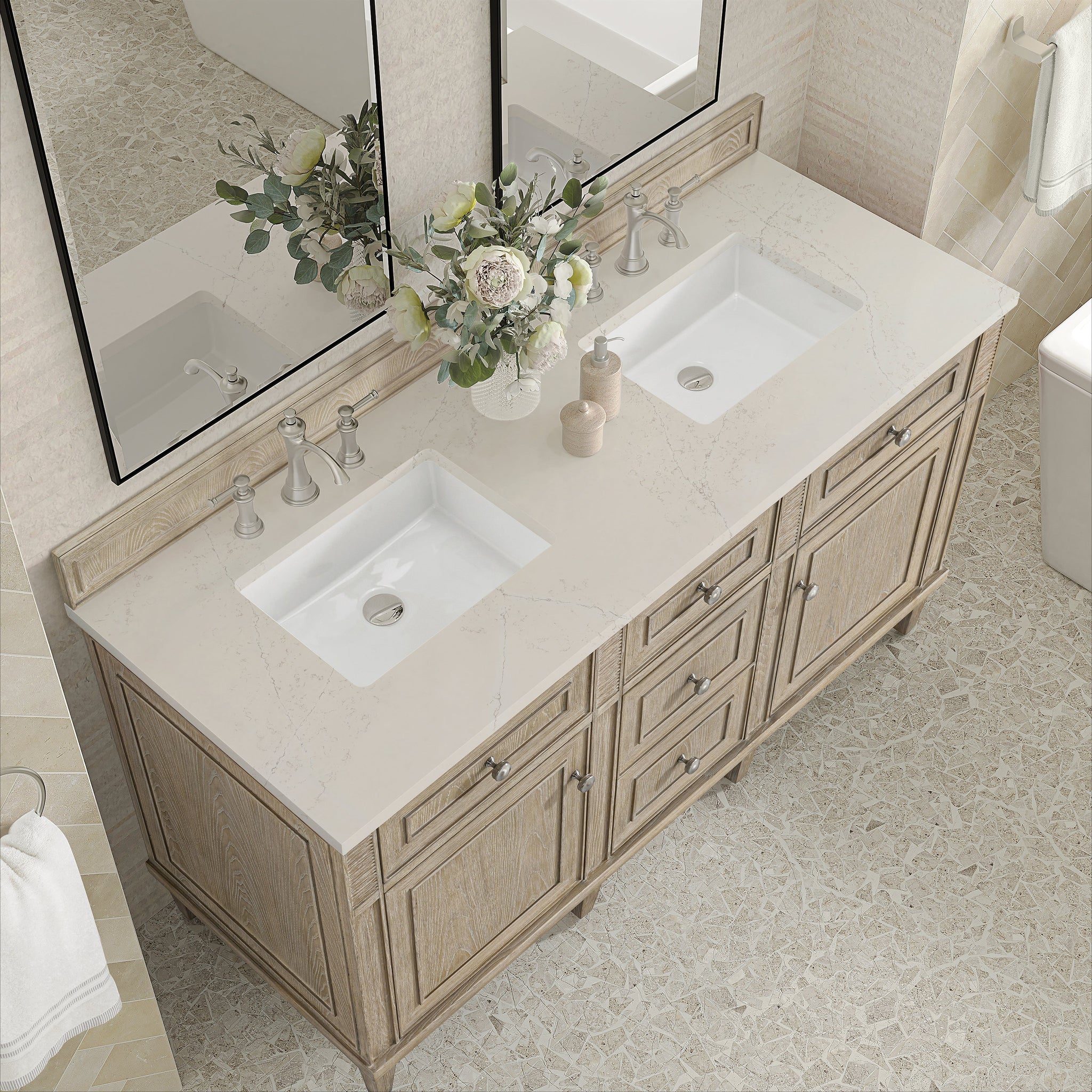 James Martin Lorelai 60" Double Bathroom Vanity, Whitewashed Oak with Siberian countertop
