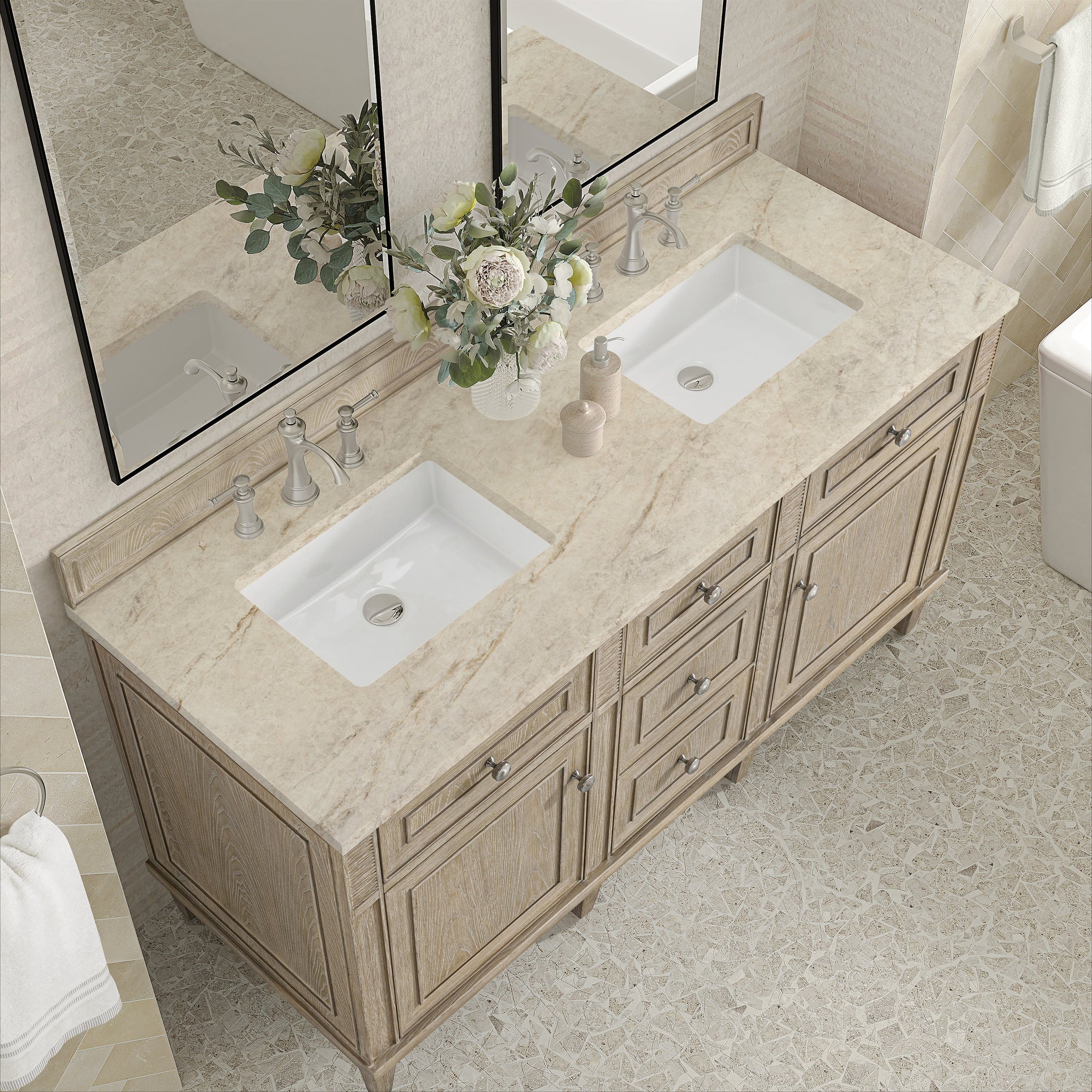 James Martin Lorelai 60" Double Bathroom Vanity, Whitewashed Oak with Tajnar countertop