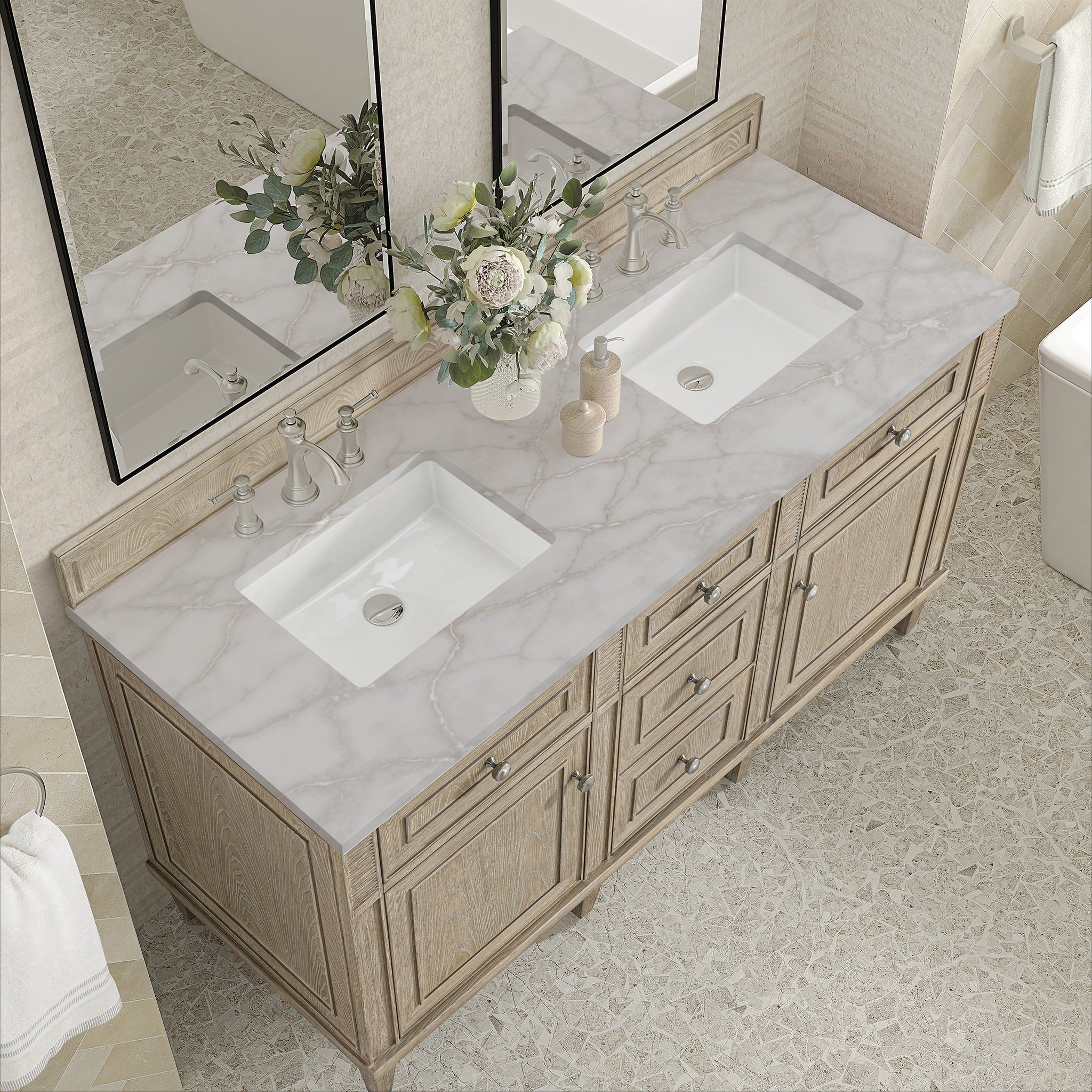 James Martin Lorelai 60" Double Bathroom Vanity, Whitewashed Oak with Victorian Silver countertop