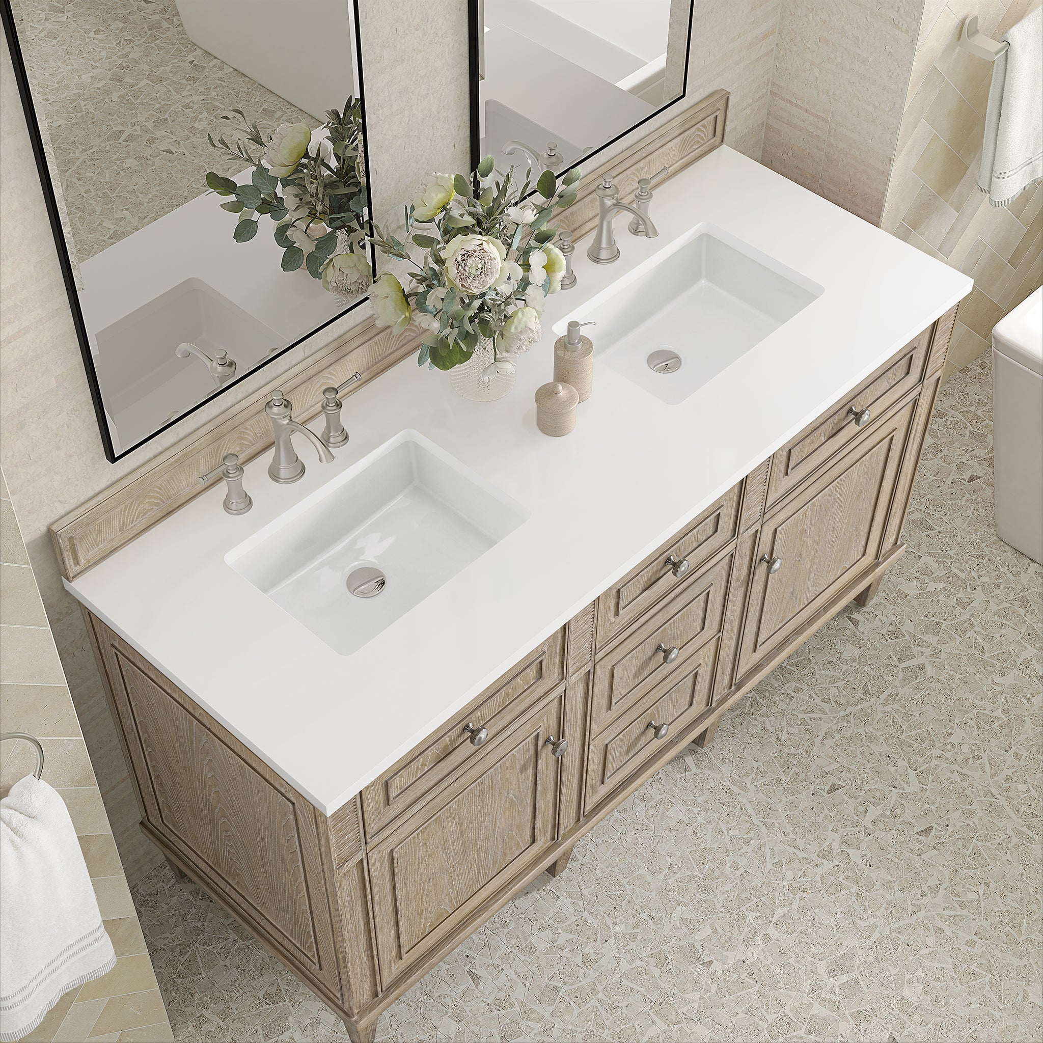 James Martin Lorelai 60" Double Bathroom Vanity, Whitewashed Oak with White Zeus countertop