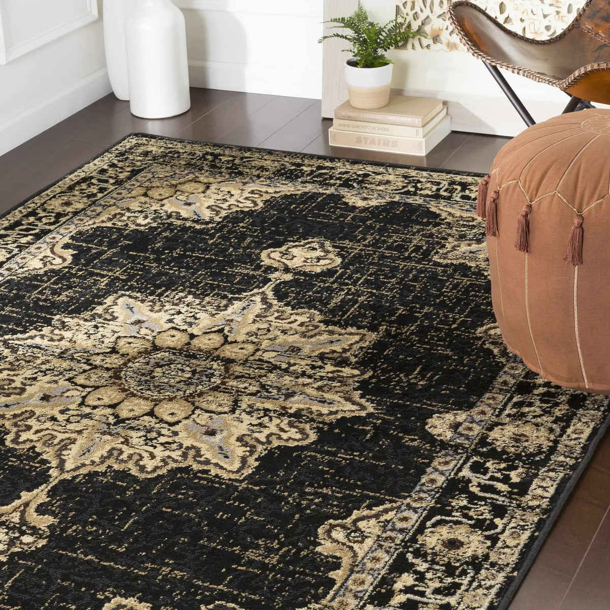 Lostwithiel Black Medallion Rug, installed in a room 2