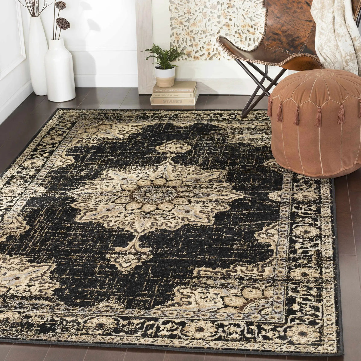 Lostwithiel Black Medallion Rug, installed in a room